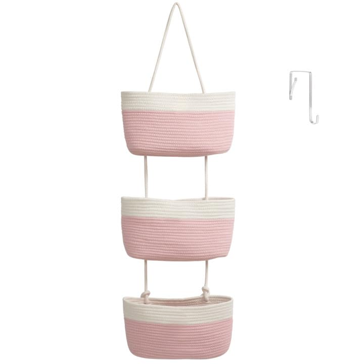 TeoKJ Over the Door Hanging Basket, 3-Tier Woven Cotton Wall-Mounted Storage Organizer Bag Decorative Hanging Nursery Baskets, Jute