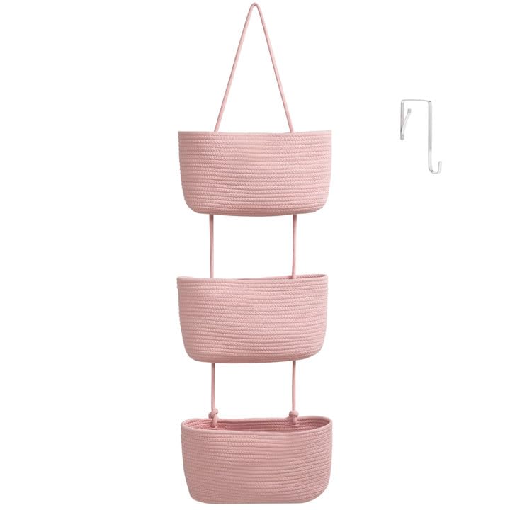 TeoKJ Over the Door Hanging Basket, 3-Tier Woven Cotton Wall-Mounted Storage Organizer Bag Decorative Hanging Nursery Baskets, Jute