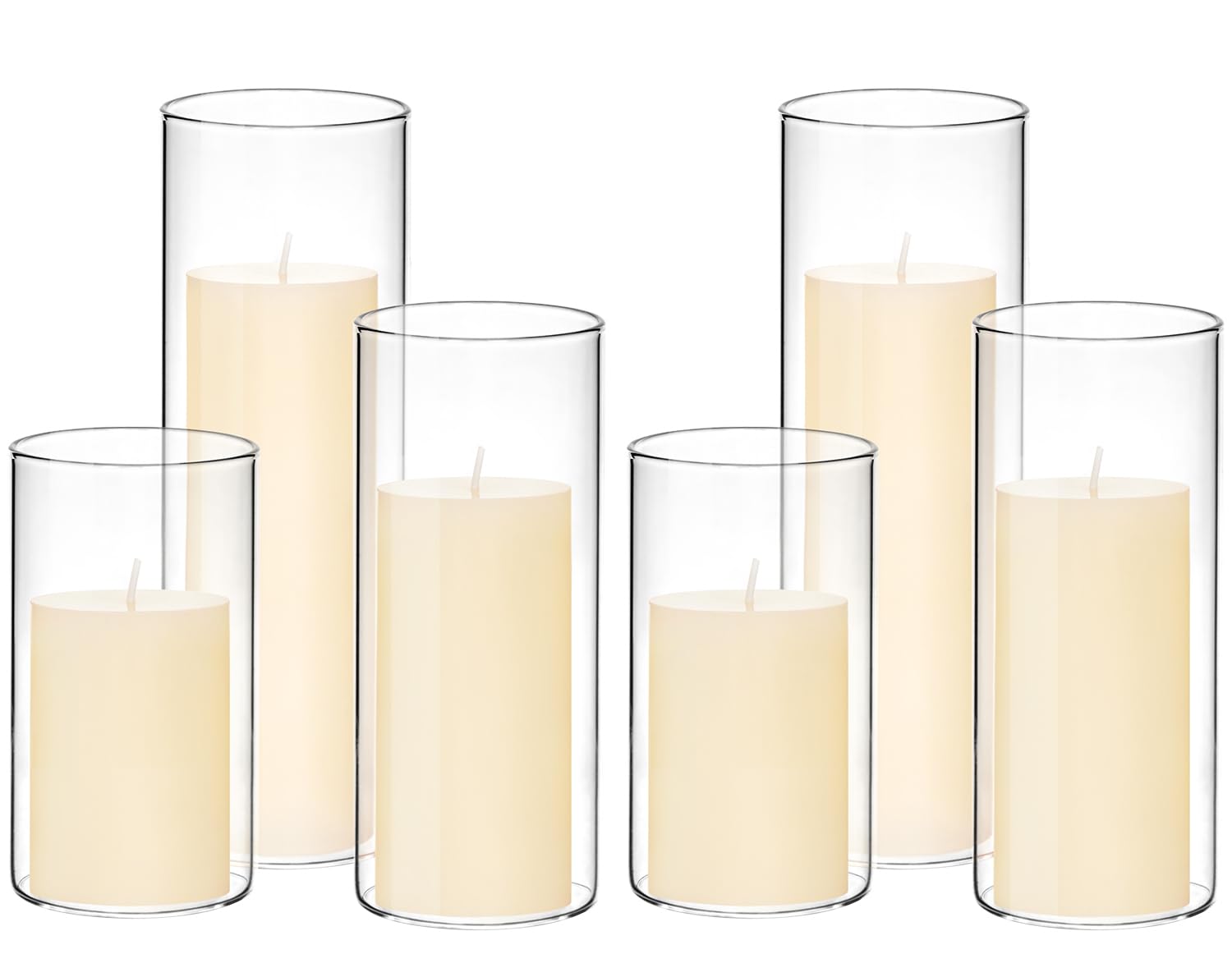 Set of 6 White Pillar Candles with Clear Glass Hurricane Holders- Elegant Cylinder Candle Vases for Weddings, Parties, Centerpieces, Home & Office Decor (White, 6 Set)