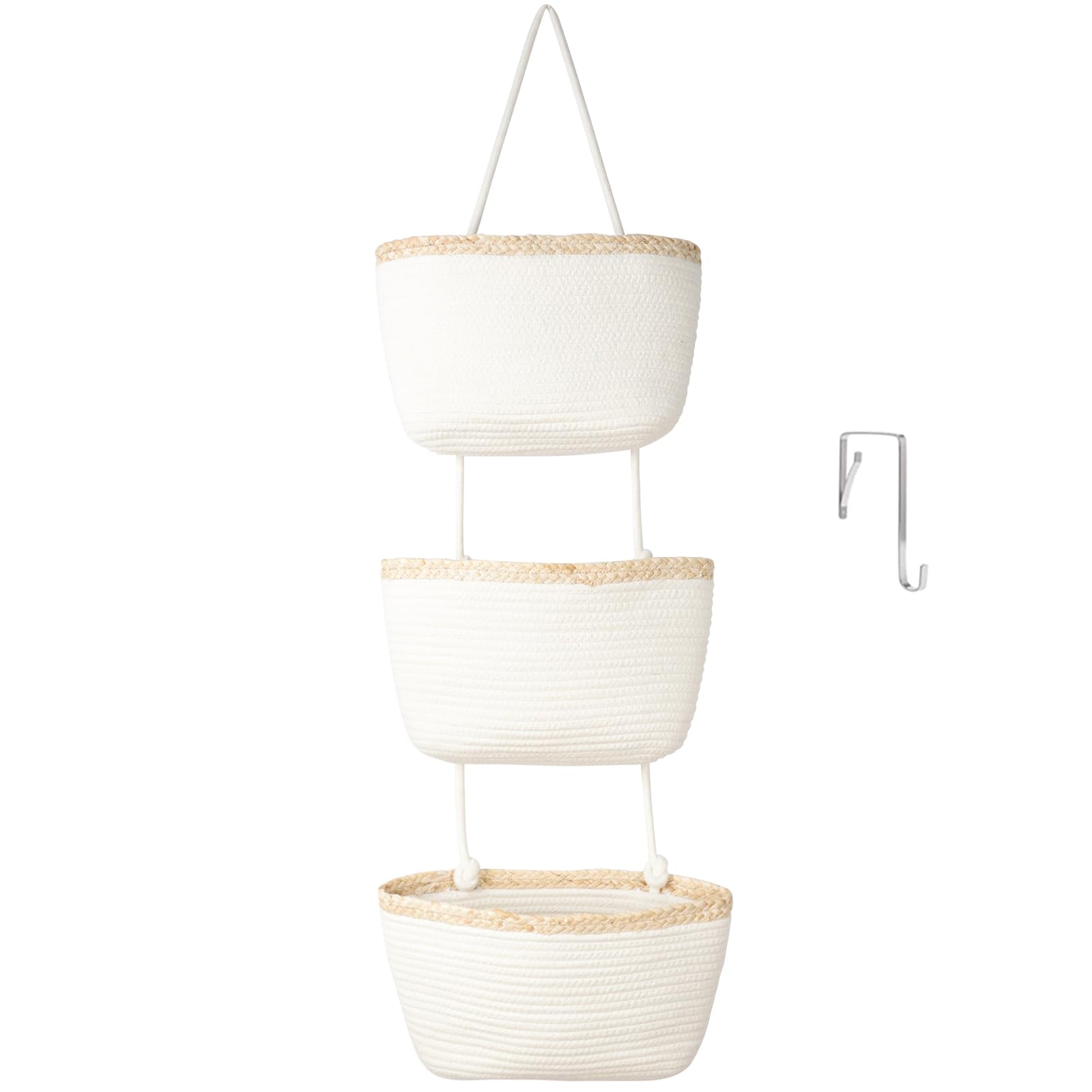 TeoKJ Over the Door Hanging Basket, 3-Tier Woven Cotton Wall-Mounted Storage Organizer Bag Decorative Hanging Nursery Baskets, Jute