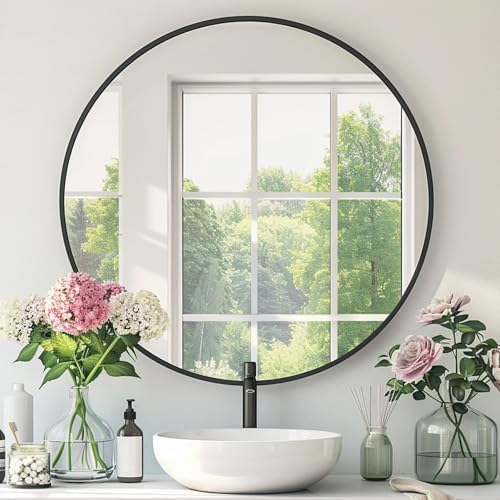 Round Black Mirror, 30 Inch Circle Black Mirror, Metal Frame Round Wall Mounted Mirrors for Bathroom, Living Room, Bedroom, Entryway, Vanity
