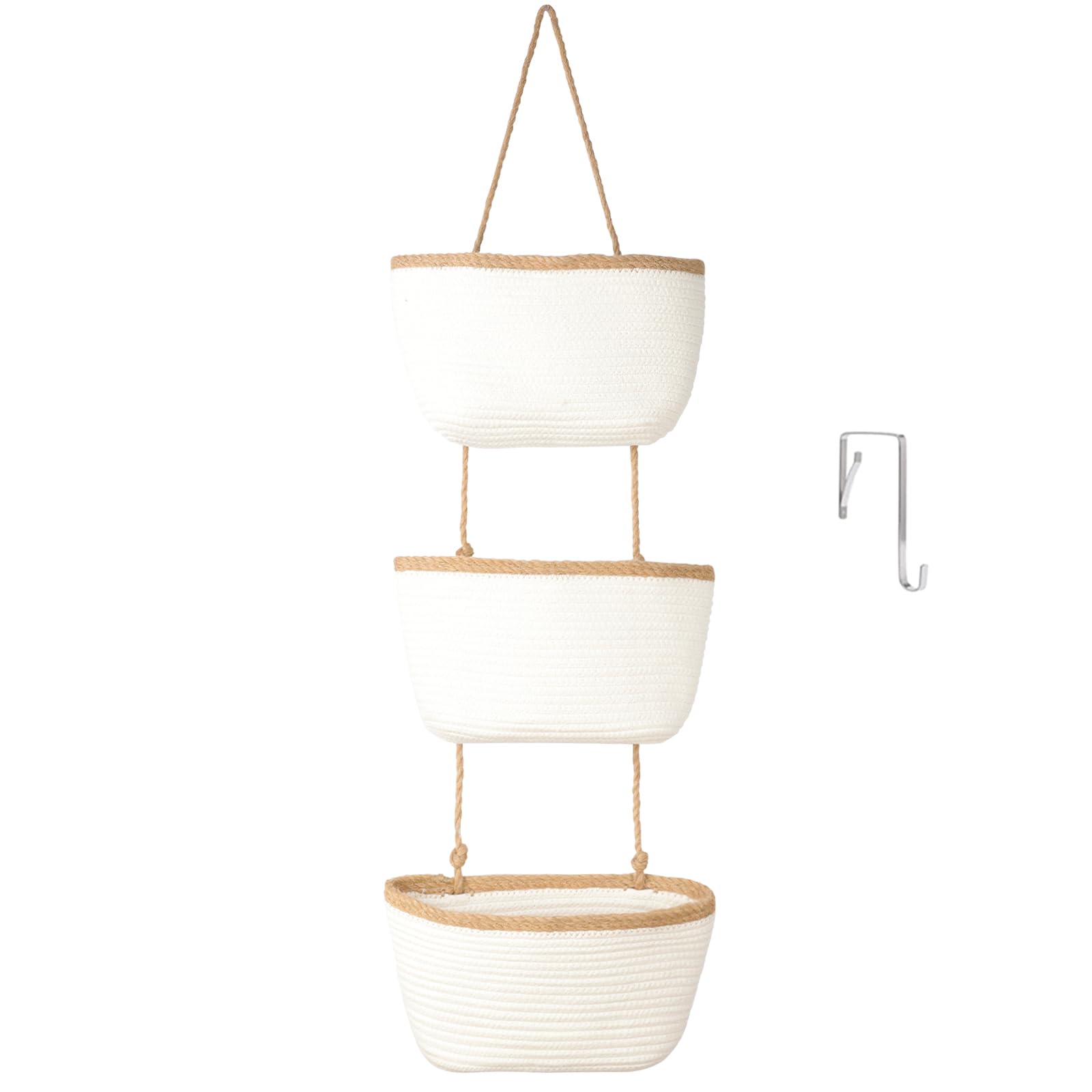 TeoKJ Over the Door Hanging Basket, 3-Tier Woven Cotton Wall-Mounted Storage Organizer Bag Decorative Hanging Nursery Baskets, Jute
