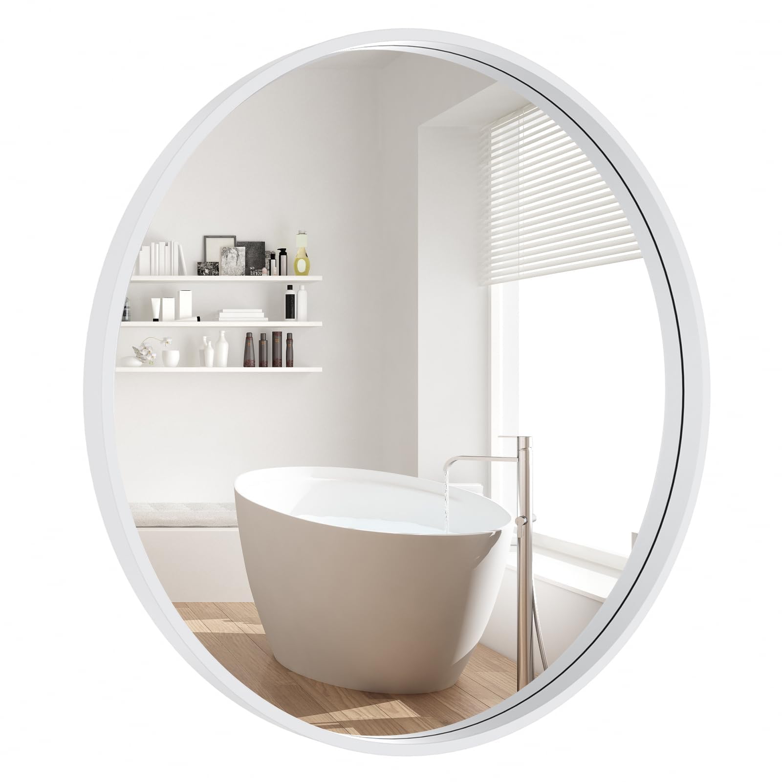 WallBeyond Wood Round Mirror with Wood Frame 24 inch Circle Wall Mirror for Bathroom Round Wall Mirror for Wall Decor, Vanity, Entryway Living Room (Walnut)