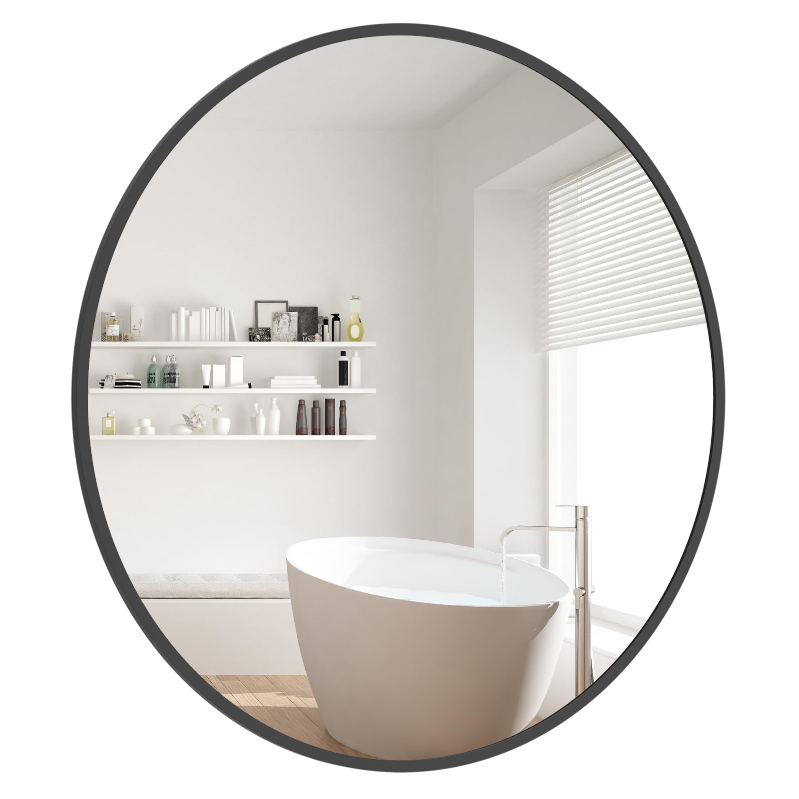 WallBeyond Wood Round Mirror with Wood Frame 24 inch Circle Wall Mirror for Bathroom Round Wall Mirror for Wall Decor, Vanity, Entryway Living Room (Walnut)