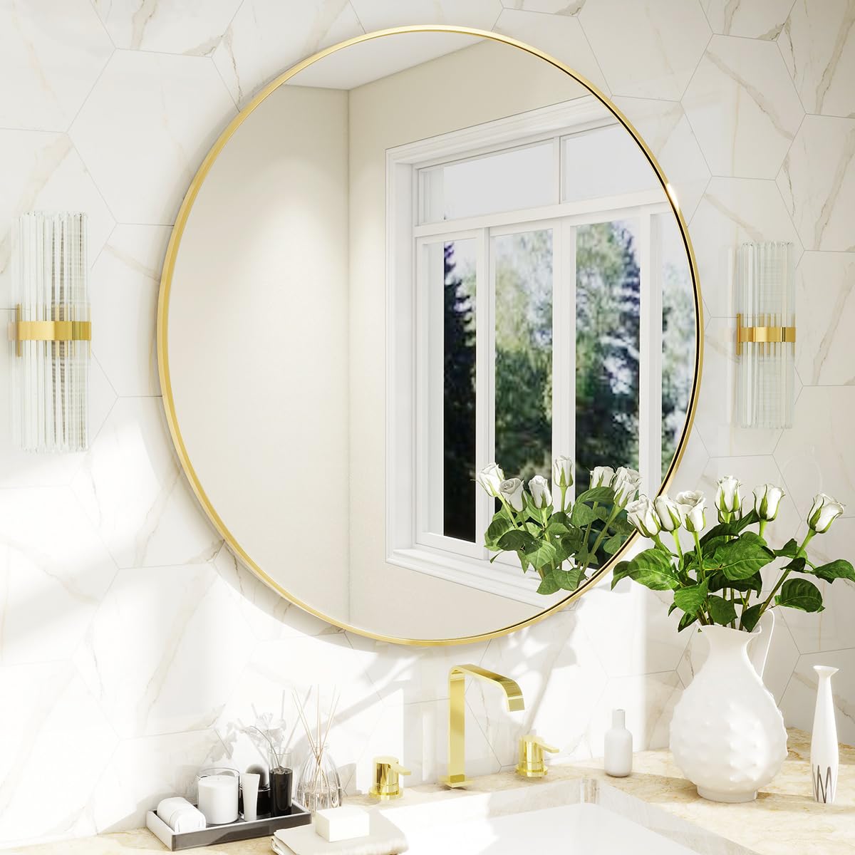 BEAUTYPEAK 24 Inch Round Mirror, Metal Frame Circle Mirror, Wall Mounted for Entryway, Bathroom, Vanity, Living Room, Gold