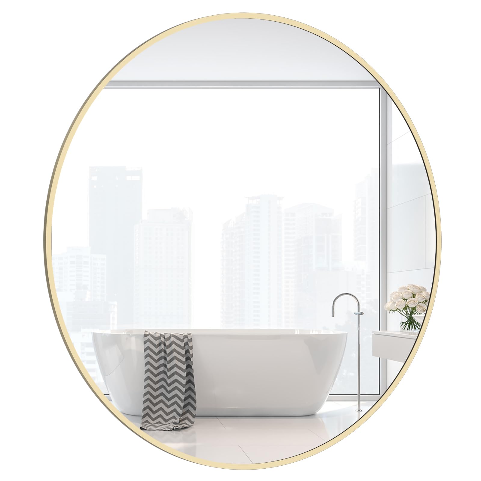 WallBeyond Wood Round Mirror with Wood Frame 24 inch Circle Wall Mirror for Bathroom Round Wall Mirror for Wall Decor, Vanity, Entryway Living Room (Walnut)