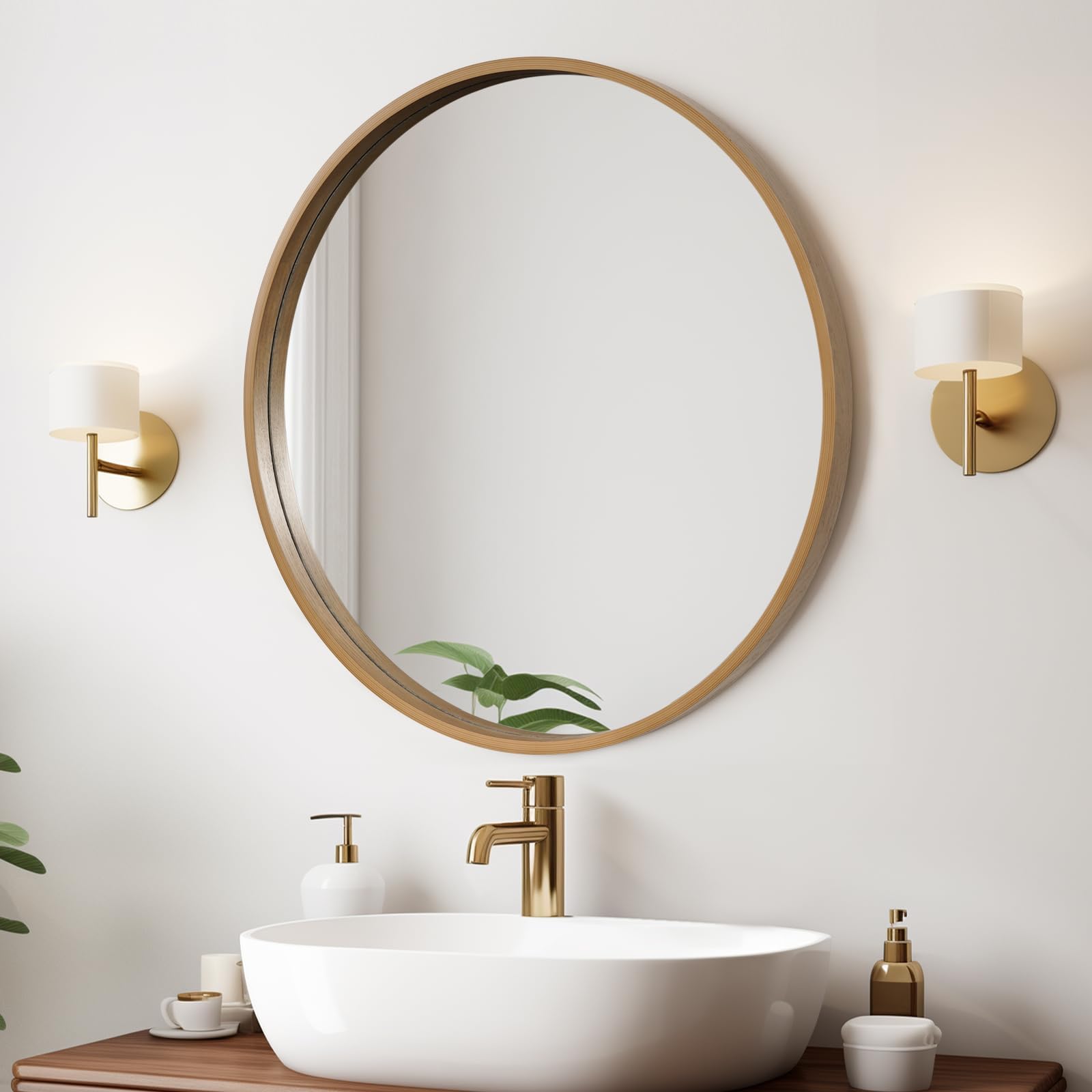 WallBeyond Wood Round Mirror with Wood Frame 24 inch Circle Wall Mirror for Bathroom Round Wall Mirror for Wall Decor, Vanity, Entryway Living Room (Walnut)