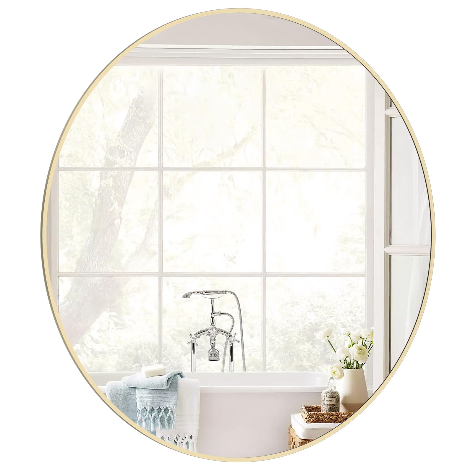 WallBeyond Wood Round Mirror with Wood Frame 24 inch Circle Wall Mirror for Bathroom Round Wall Mirror for Wall Decor, Vanity, Entryway Living Room (Walnut)