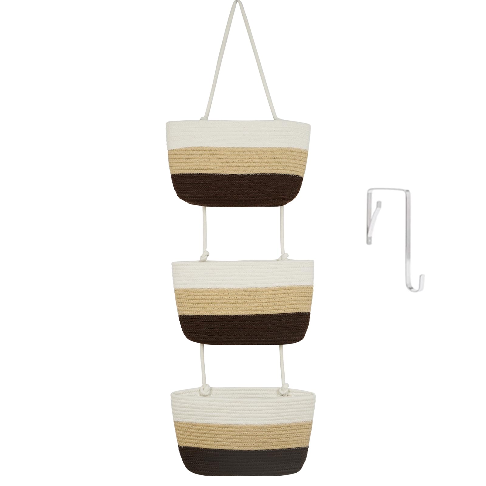 TeoKJ Over the Door Hanging Basket, 3-Tier Woven Cotton Wall-Mounted Storage Organizer Bag Decorative Hanging Nursery Baskets, Jute