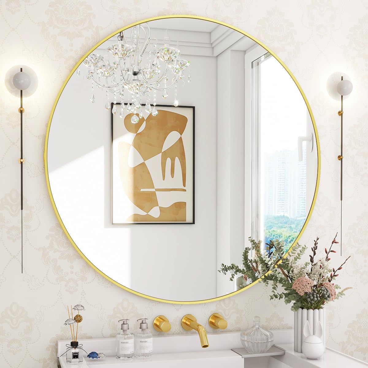 BEAUTYPEAK 24 Inch Round Mirror, Metal Frame Circle Mirror, Wall Mounted for Entryway, Bathroom, Vanity, Living Room, Gold