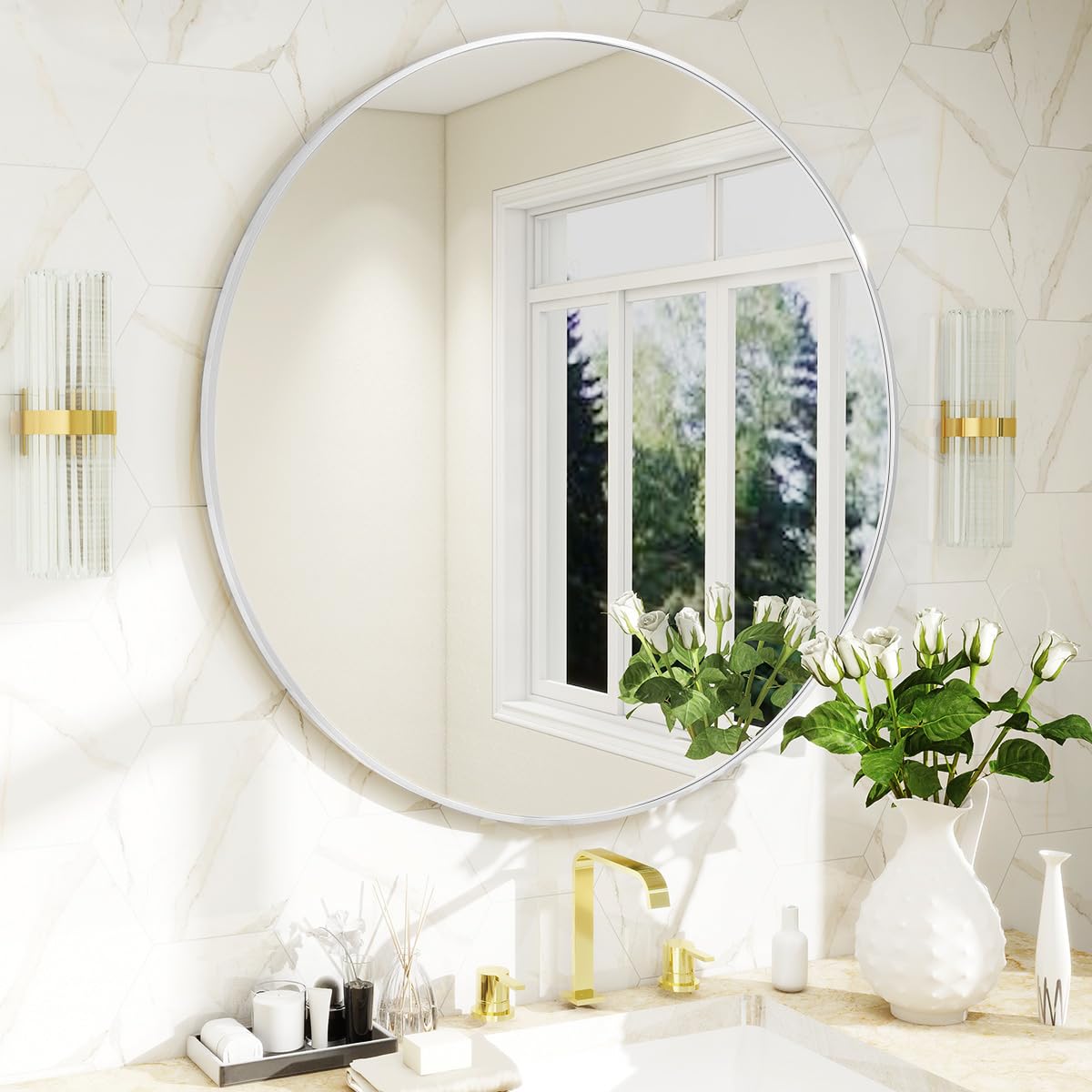 BEAUTYPEAK 24 Inch Round Mirror, Metal Frame Circle Mirror, Wall Mounted for Entryway, Bathroom, Vanity, Living Room, Gold