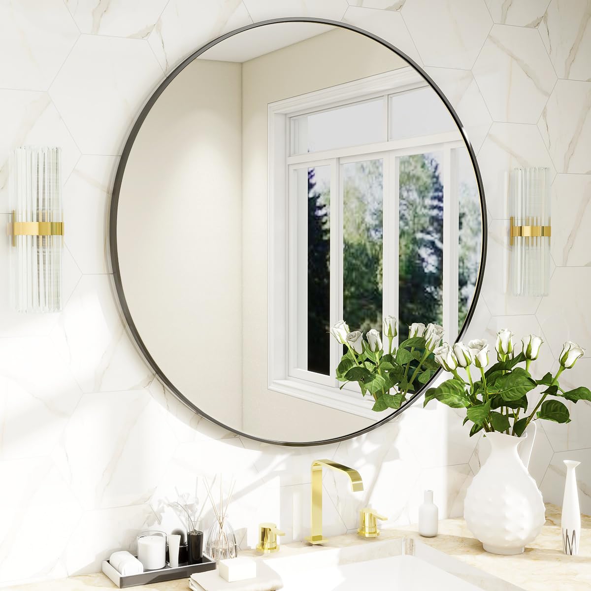 BEAUTYPEAK 24 Inch Round Mirror, Metal Frame Circle Mirror, Wall Mounted for Entryway, Bathroom, Vanity, Living Room, Gold