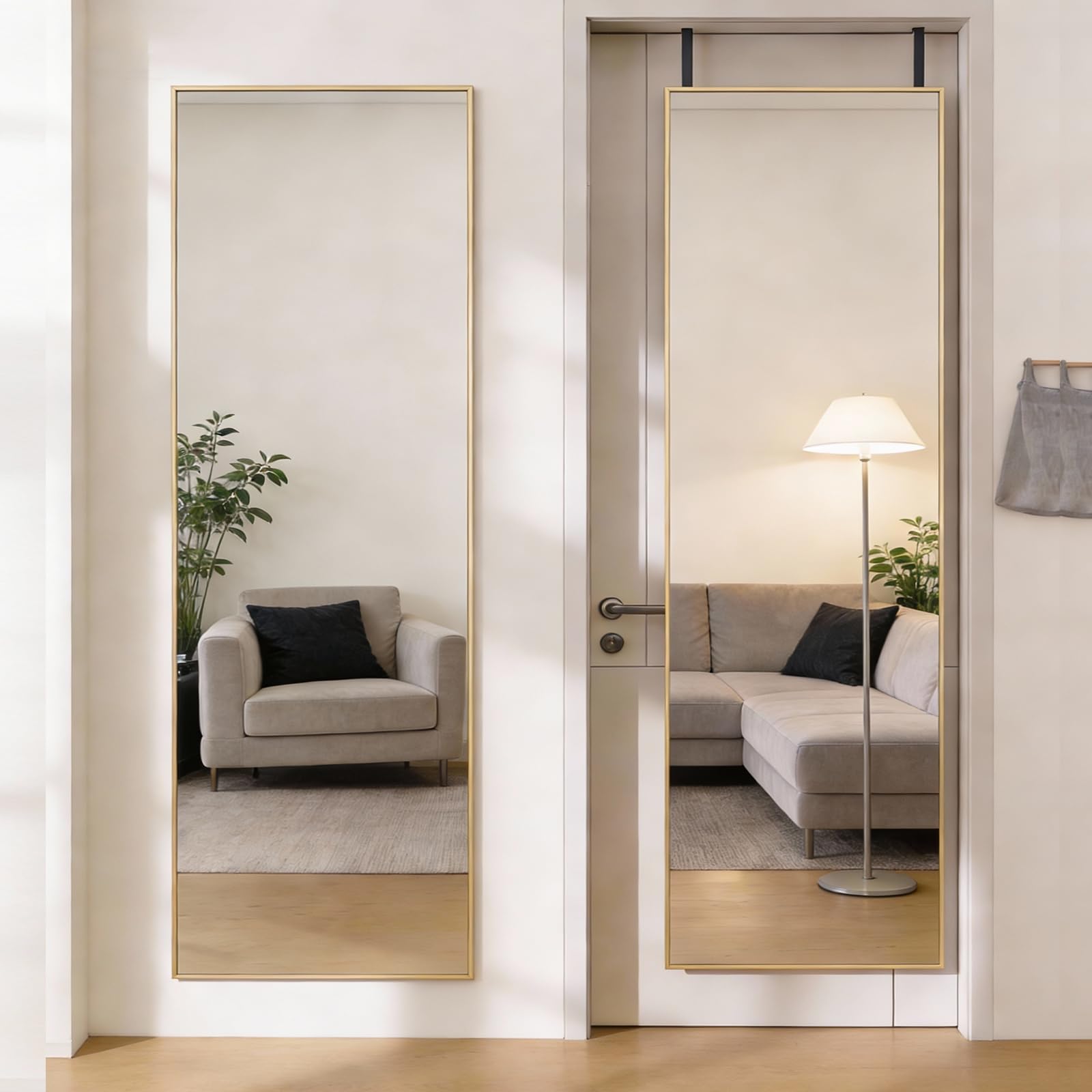 DUMOS 63.6"x20.6" Arched Full Length Mirror with Stand Floor Free Standing Aluminum Frame for Bedroom Body Hanging Leaning Modern Simple Home Decor Shatter-proorf Nano Glass Wall, Gold-Rounded