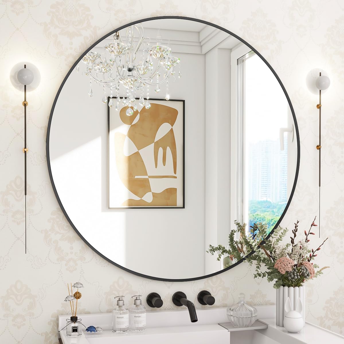 BEAUTYPEAK 24 Inch Round Mirror, Metal Frame Circle Mirror, Wall Mounted for Entryway, Bathroom, Vanity, Living Room, Gold