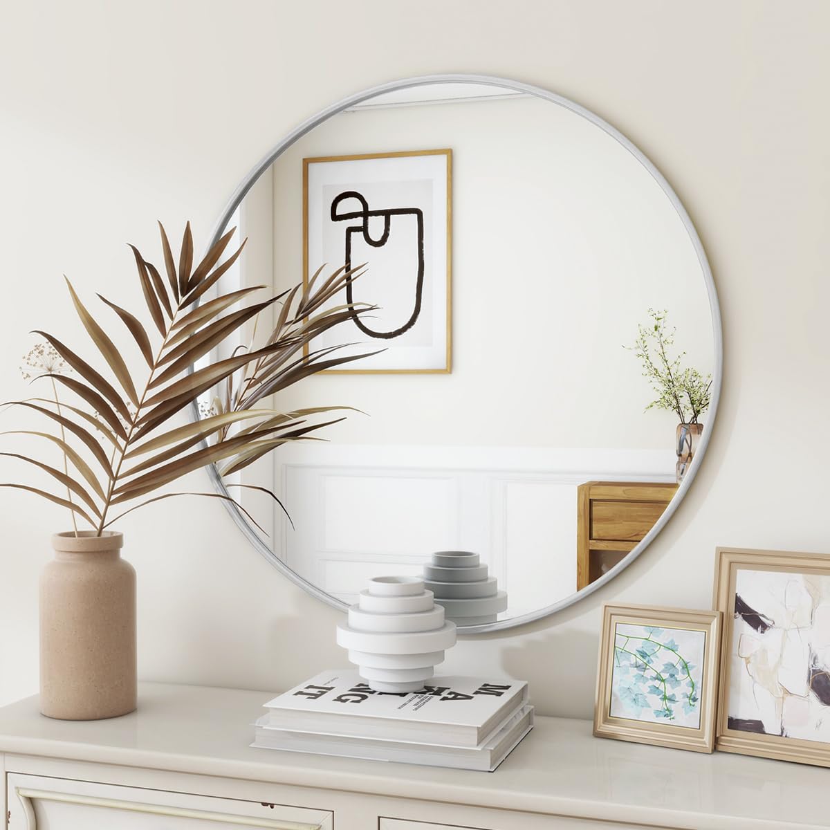 BEAUTYPEAK 24 Inch Round Mirror, Metal Frame Circle Mirror, Wall Mounted for Entryway, Bathroom, Vanity, Living Room, Gold