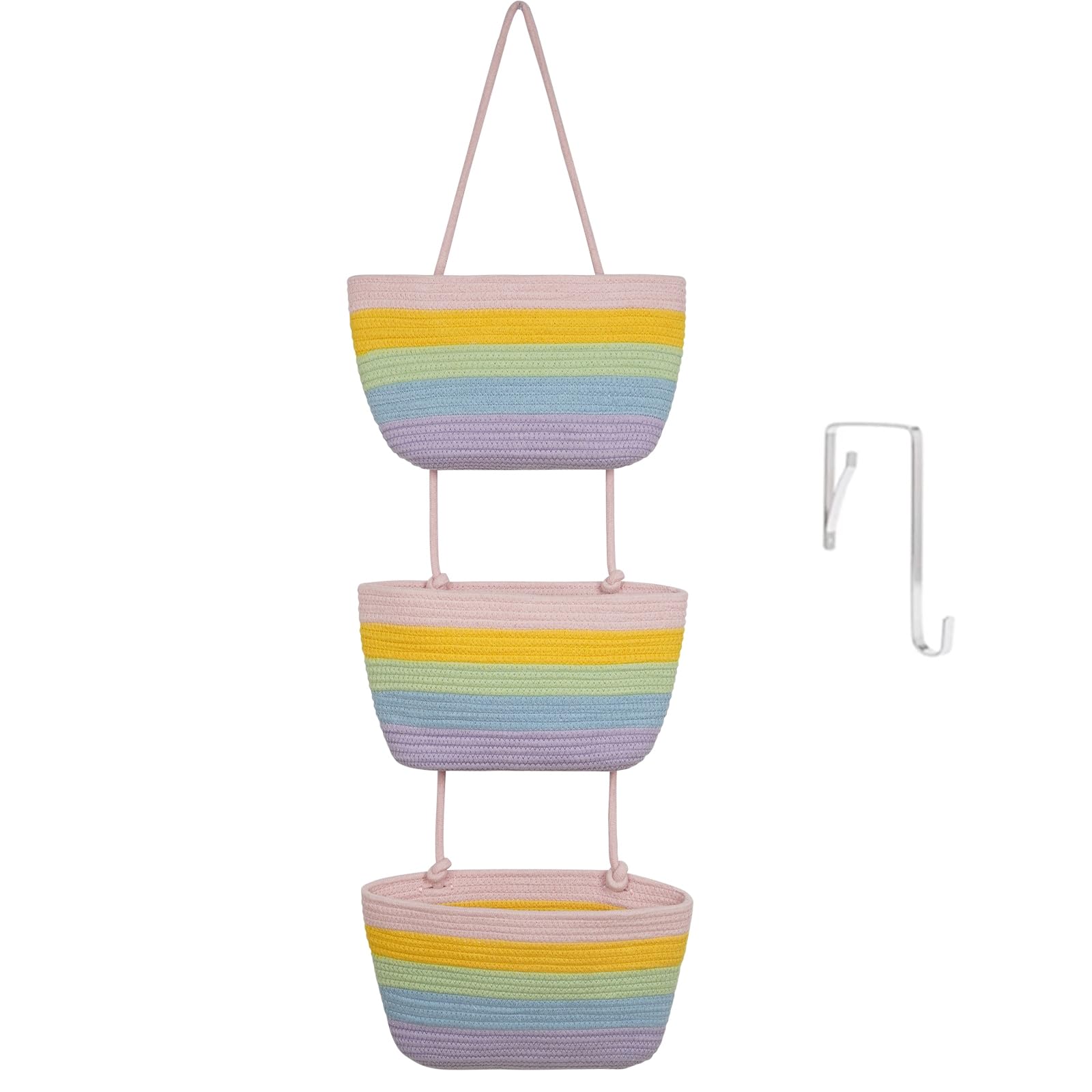 TeoKJ Over the Door Hanging Basket, 3-Tier Woven Cotton Wall-Mounted Storage Organizer Bag Decorative Hanging Nursery Baskets, Jute