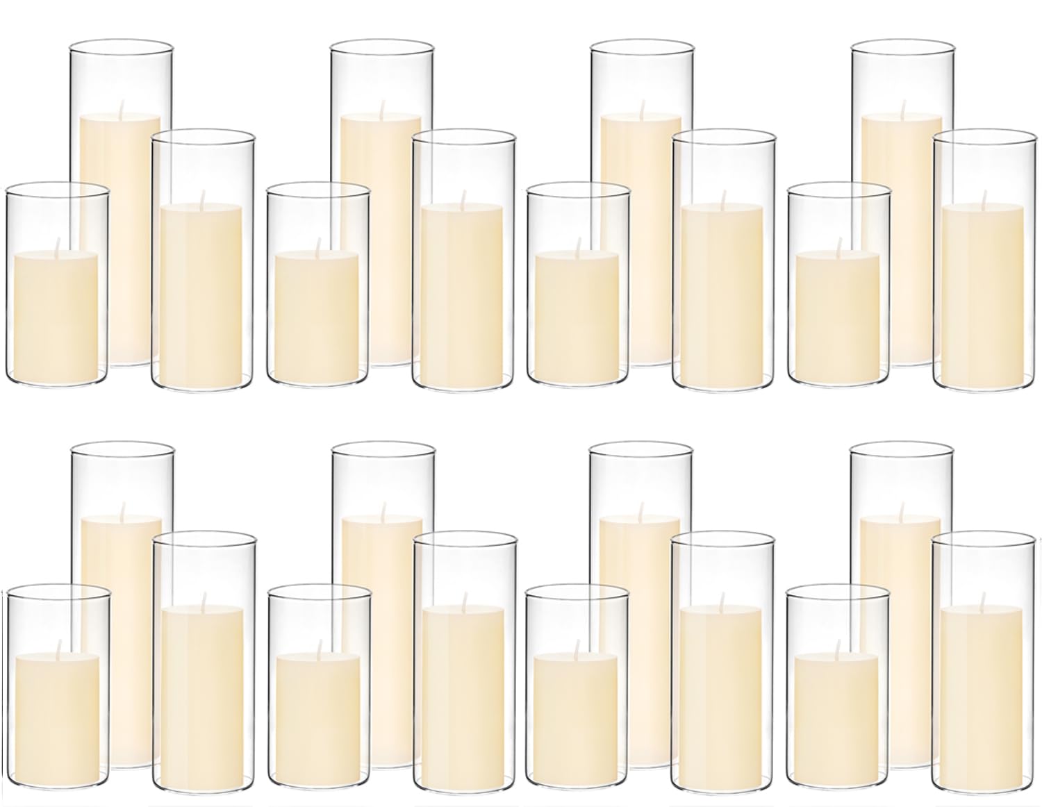 Set of 6 White Pillar Candles with Clear Glass Hurricane Holders- Elegant Cylinder Candle Vases for Weddings, Parties, Centerpieces, Home & Office Decor (White, 6 Set)