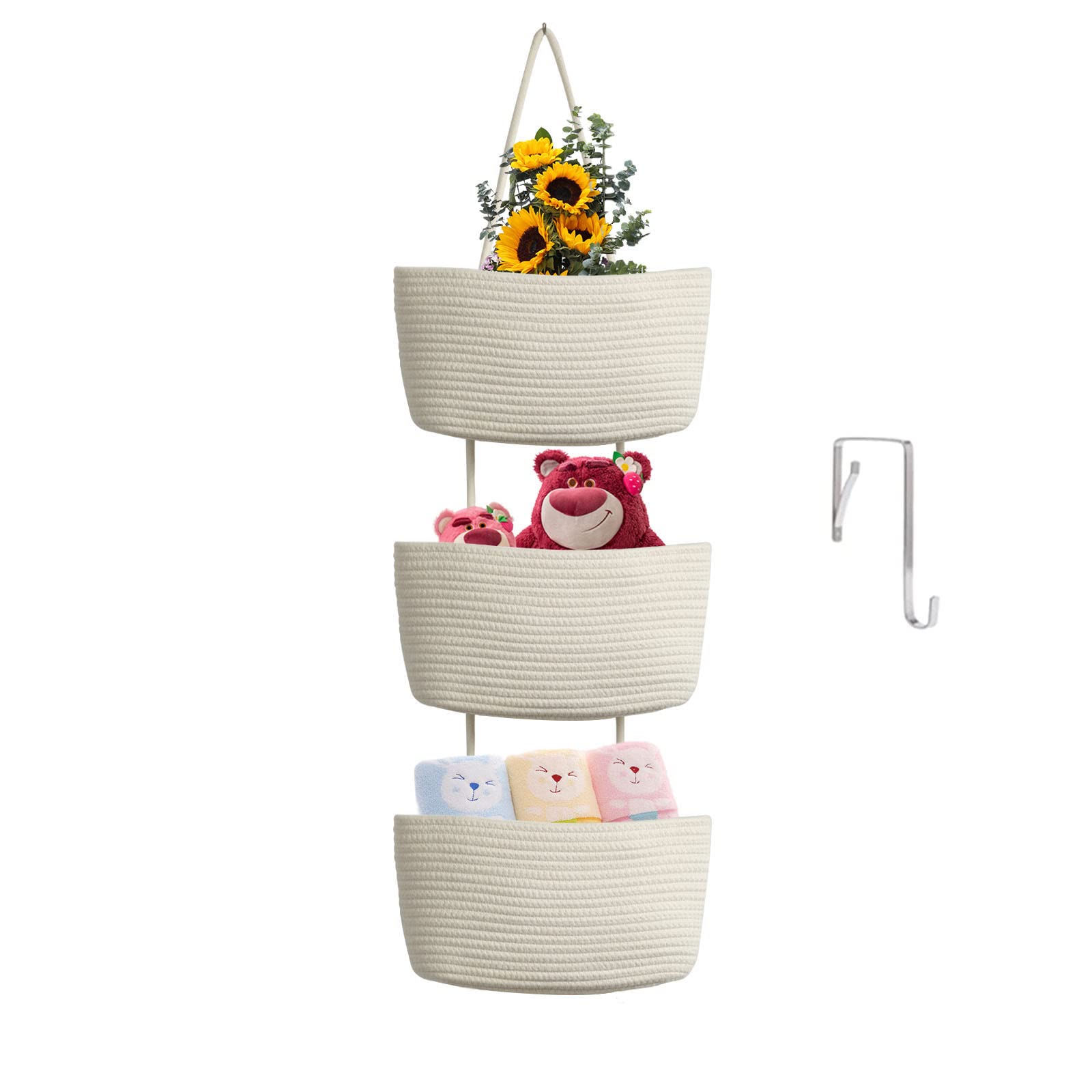 TeoKJ Over the Door Hanging Basket, 3-Tier Woven Cotton Wall-Mounted Storage Organizer Bag Decorative Hanging Nursery Baskets, Jute