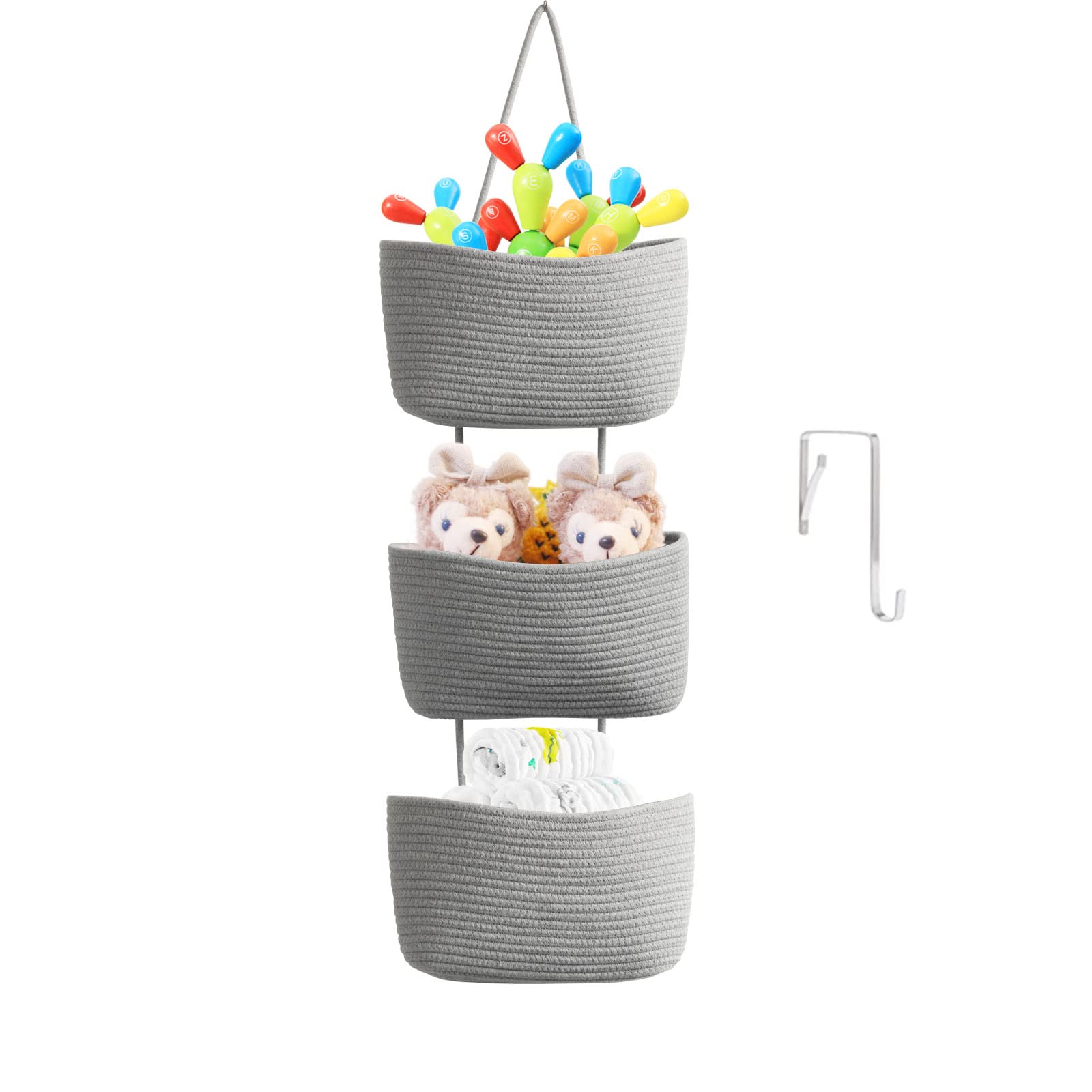 TeoKJ Over the Door Hanging Basket, 3-Tier Woven Cotton Wall-Mounted Storage Organizer Bag Decorative Hanging Nursery Baskets, Jute