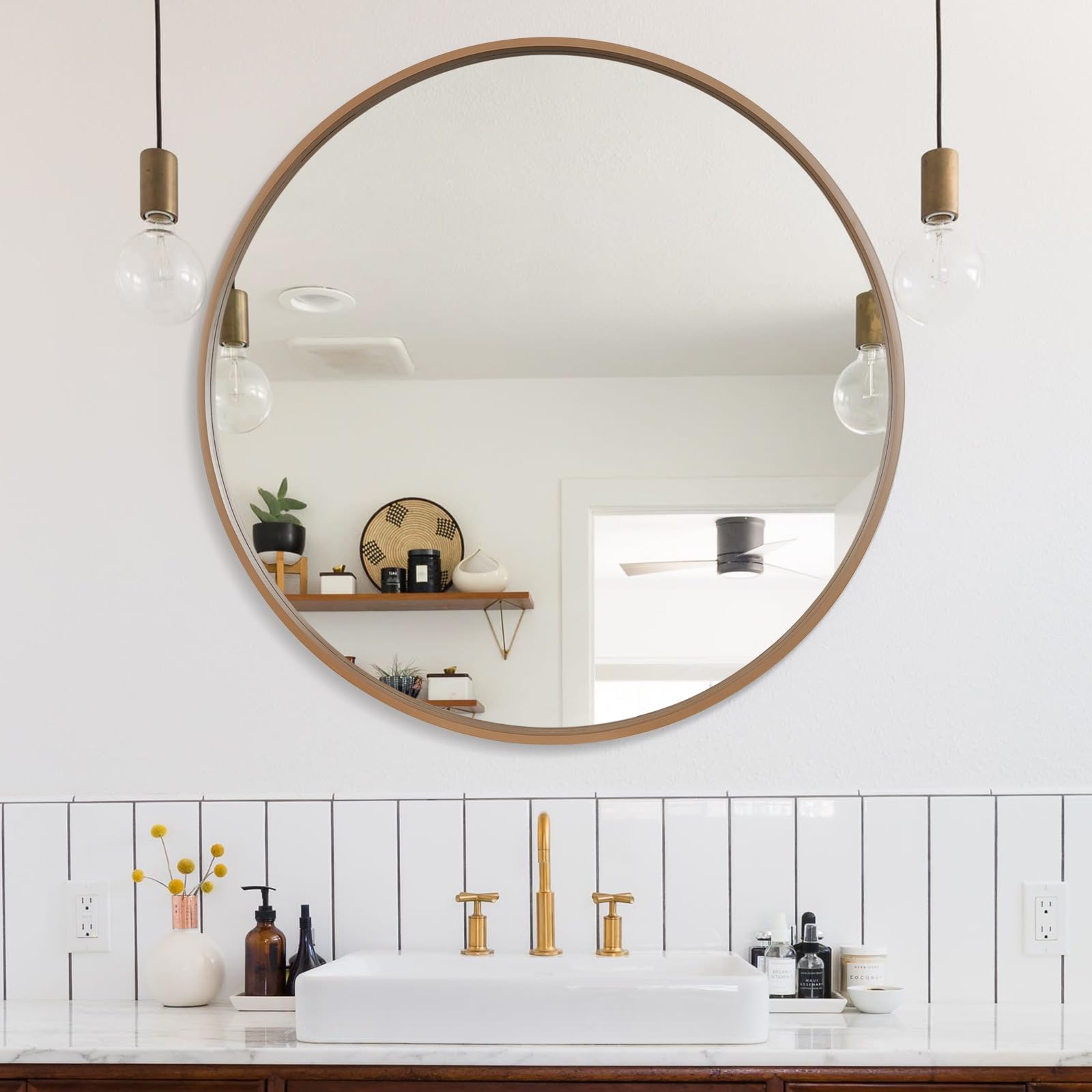 WallBeyond Wood Round Mirror with Wood Frame 24 inch Circle Wall Mirror for Bathroom Round Wall Mirror for Wall Decor, Vanity, Entryway Living Room (Walnut)