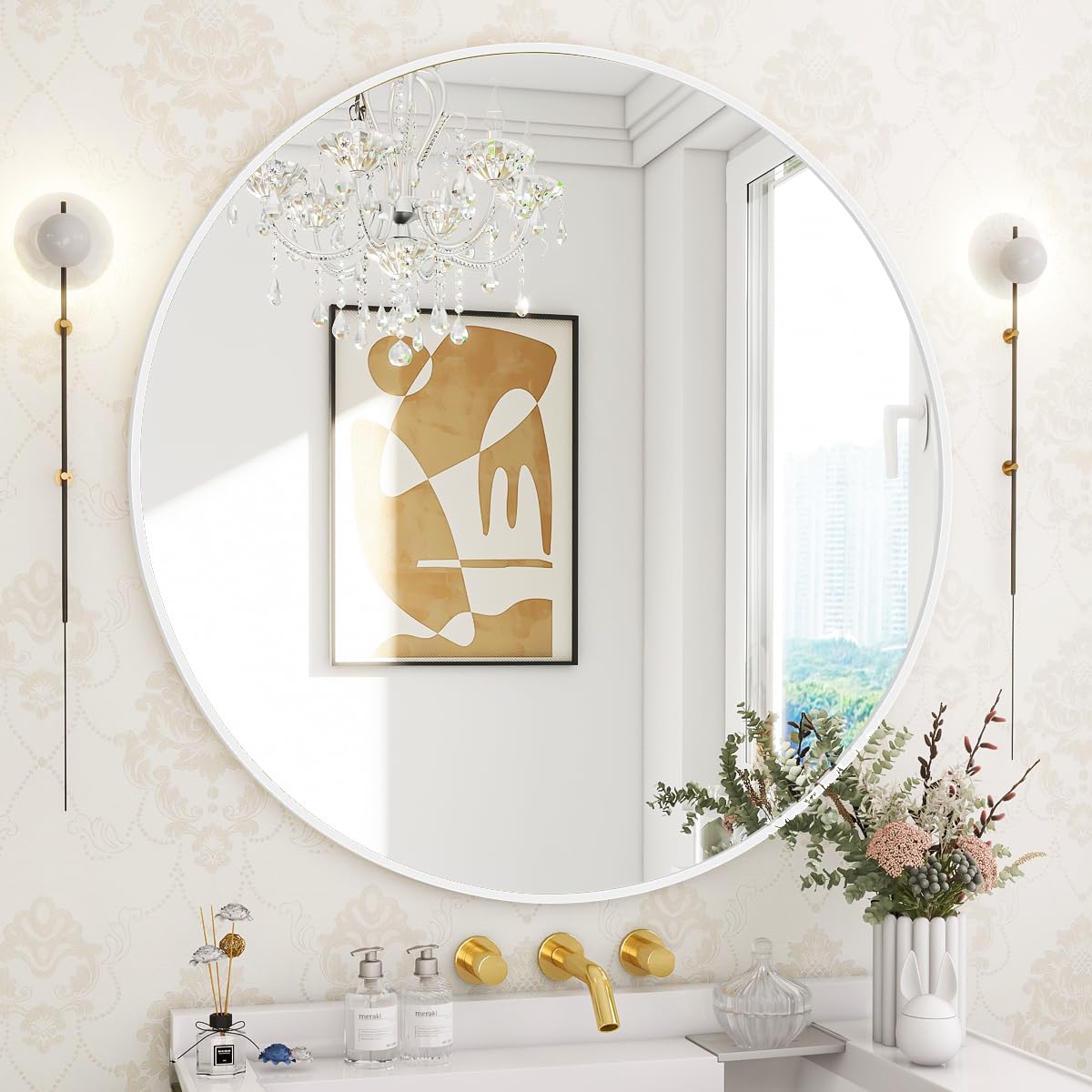 BEAUTYPEAK 24 Inch Round Mirror, Metal Frame Circle Mirror, Wall Mounted for Entryway, Bathroom, Vanity, Living Room, Gold
