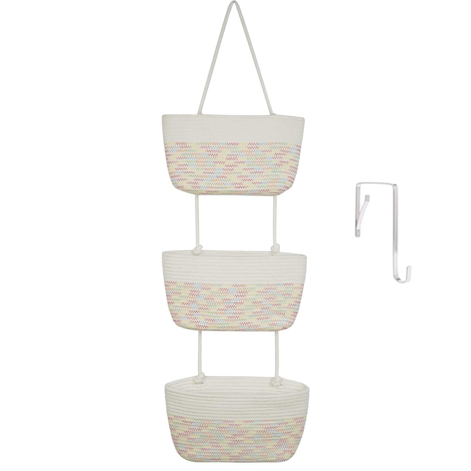 TeoKJ Over the Door Hanging Basket, 3-Tier Woven Cotton Wall-Mounted Storage Organizer Bag Decorative Hanging Nursery Baskets, Jute