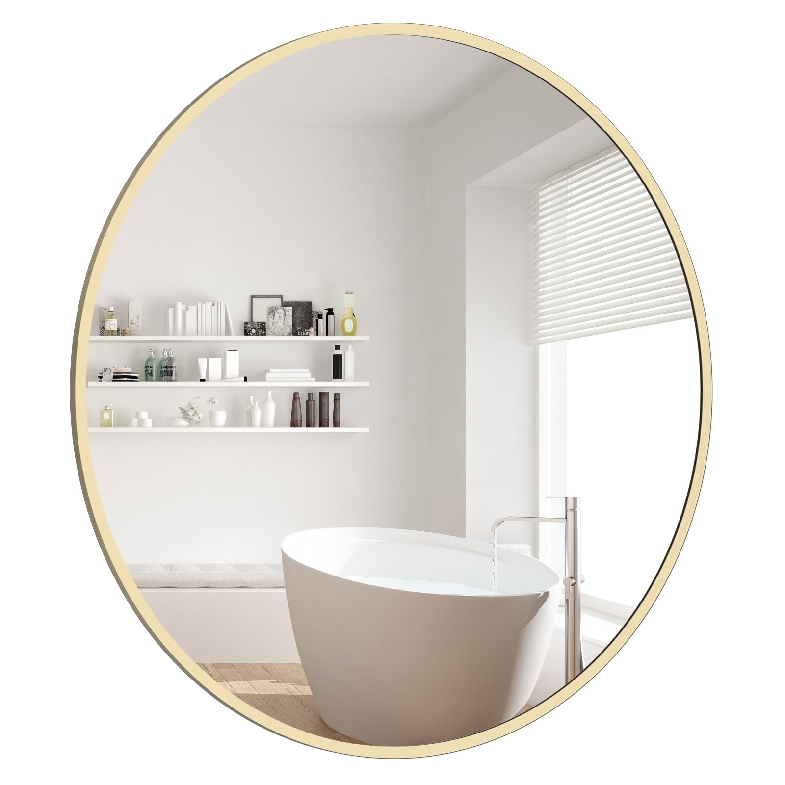 WallBeyond Wood Round Mirror with Wood Frame 24 inch Circle Wall Mirror for Bathroom Round Wall Mirror for Wall Decor, Vanity, Entryway Living Room (Walnut)