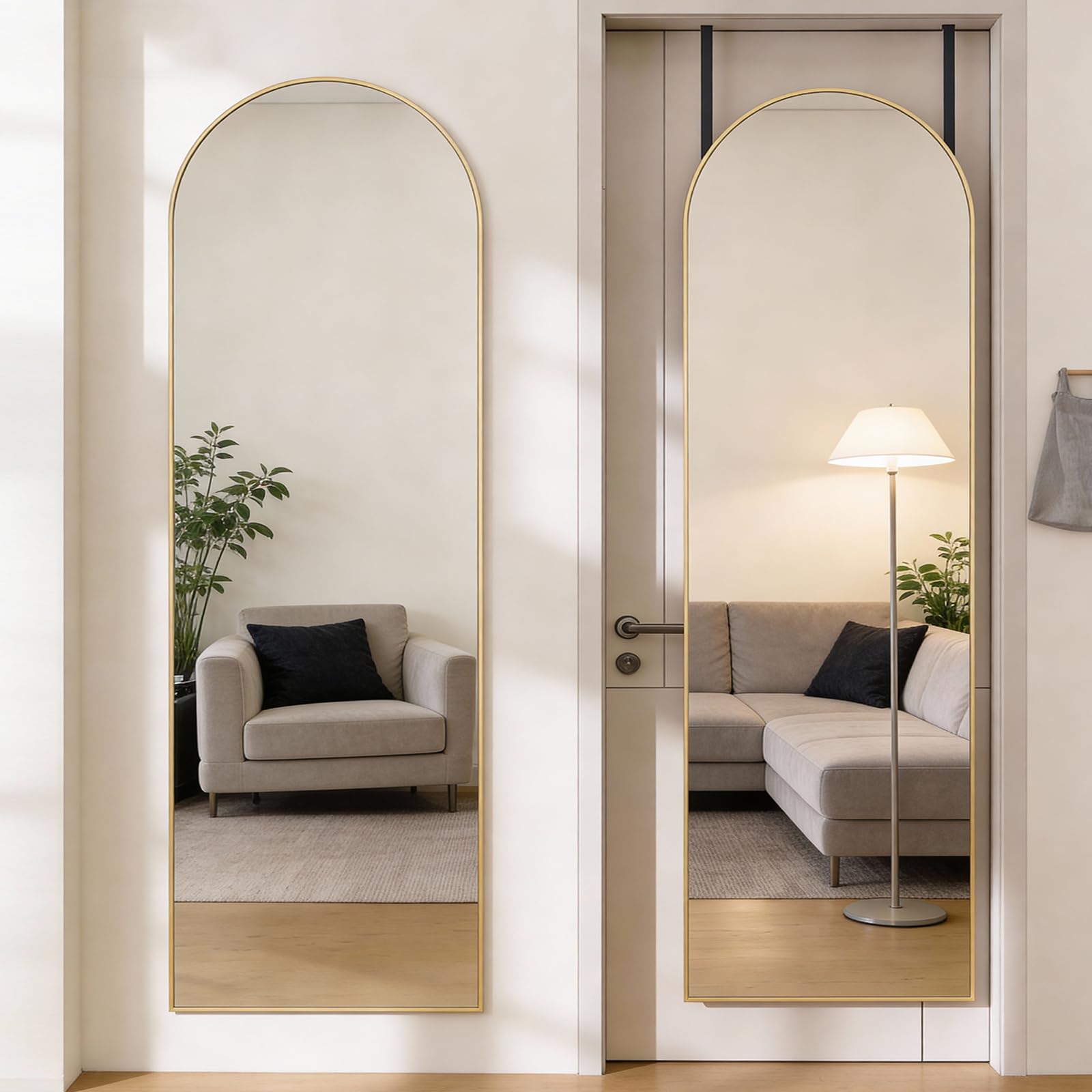 DUMOS 63.6"x20.6" Arched Full Length Mirror with Stand Floor Free Standing Aluminum Frame for Bedroom Body Hanging Leaning Modern Simple Home Decor Shatter-proorf Nano Glass Wall, Gold-Rounded