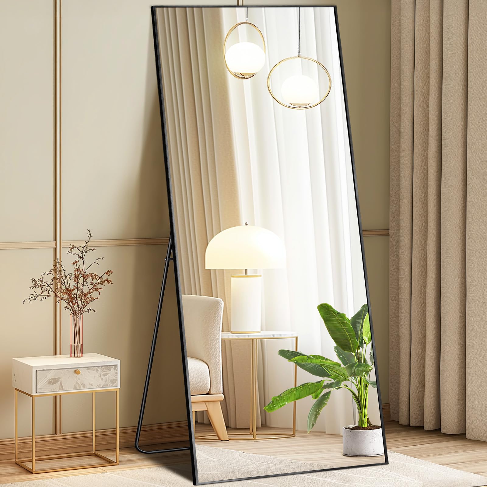 DUMOS 63.6"x20.6" Arched Full Length Mirror with Stand Floor Free Standing Aluminum Frame for Bedroom Body Hanging Leaning Modern Simple Home Decor Shatter-proorf Nano Glass Wall, Gold-Rounded