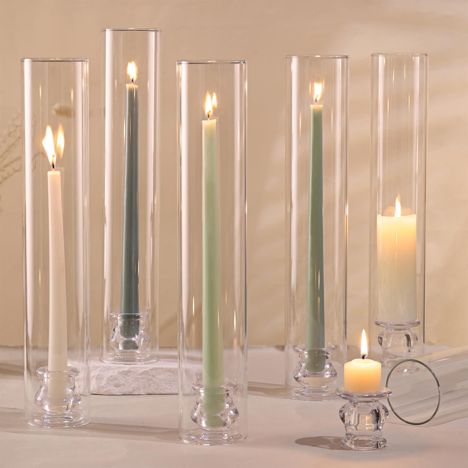 Volens Hurricane Glass Candle Holders - Set of 6 Candlestick Holders for Taper Candles with Windproof Cylinder Covers 14" Tall Clear Glass Chimney Cover for Wedding Table Centerpiece Home Decor