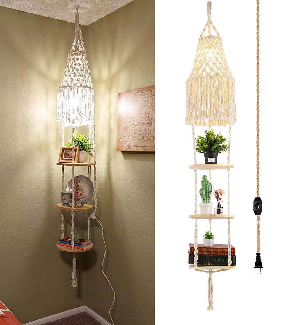 Boho Plug in Pendant Light,Hanging Light with Plug in Cord,Hanging Lamp Macrame Lamp Shade,Dimmable Switch,3 Tier Hanging Plant Shelf Shelves Bohemian Decor for Bedroom Living Room Corner
