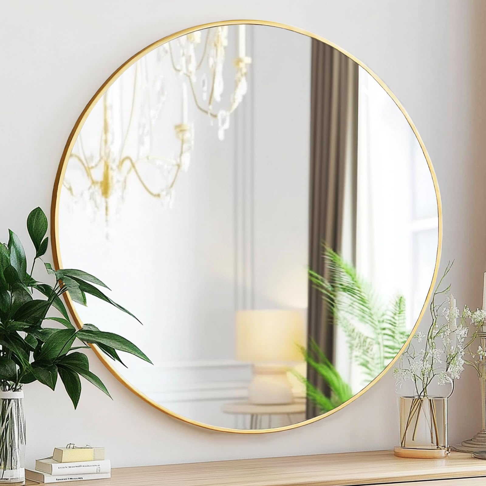 Black Round Mirror, Round Mirror 24 inch, Black Circle Mirrors Metal Frame, Wall Mounted Mirrors for Living Room, Bathroom, Wall, Entryway.