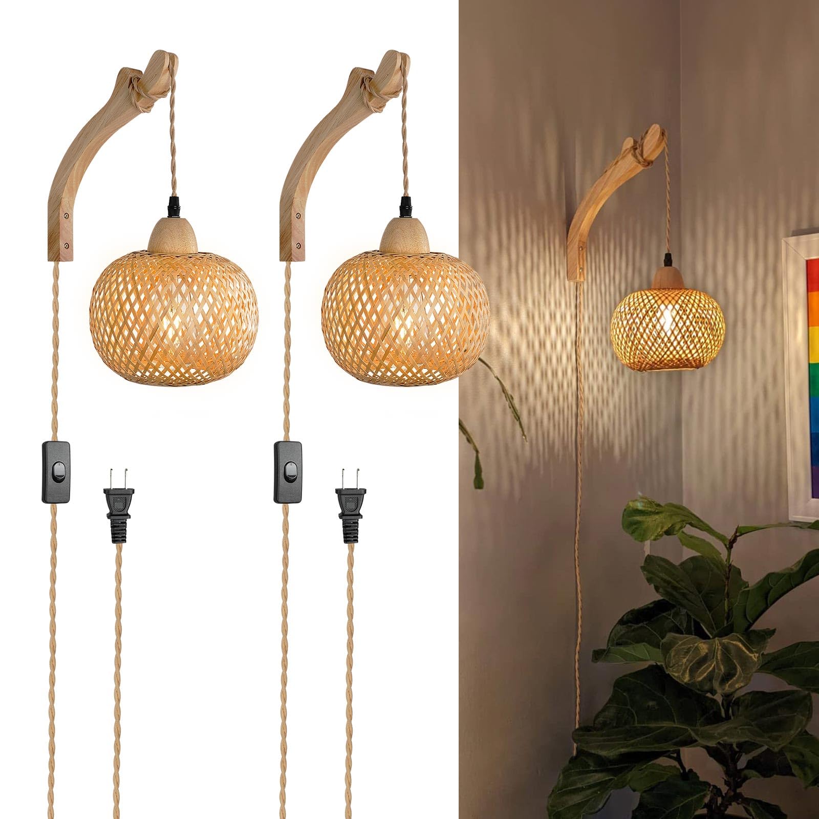 Frideko Bamboo Lantern Plug in Wall Sconces Wicker Wall Lamp with Plug in Cord Hand Woven Rattan Wall Light Farmhouse Rustic Wall Sconces Boho Sconces Wall Lighting for Living Room Bedroom