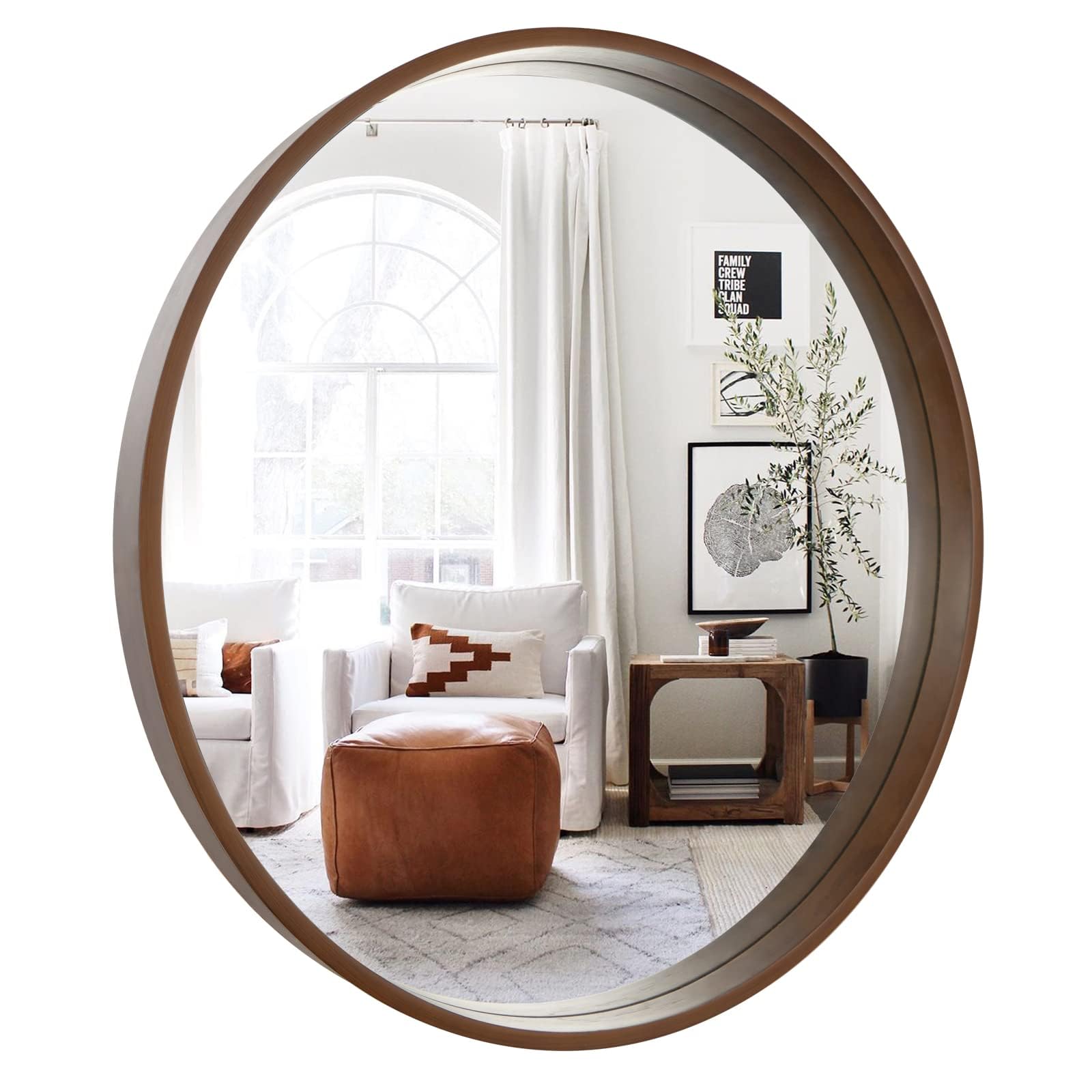 WallBeyond Wood Round Mirror with Wood Frame 24 inch Circle Wall Mirror for Bathroom Round Wall Mirror for Wall Decor, Vanity, Entryway Living Room (Walnut)