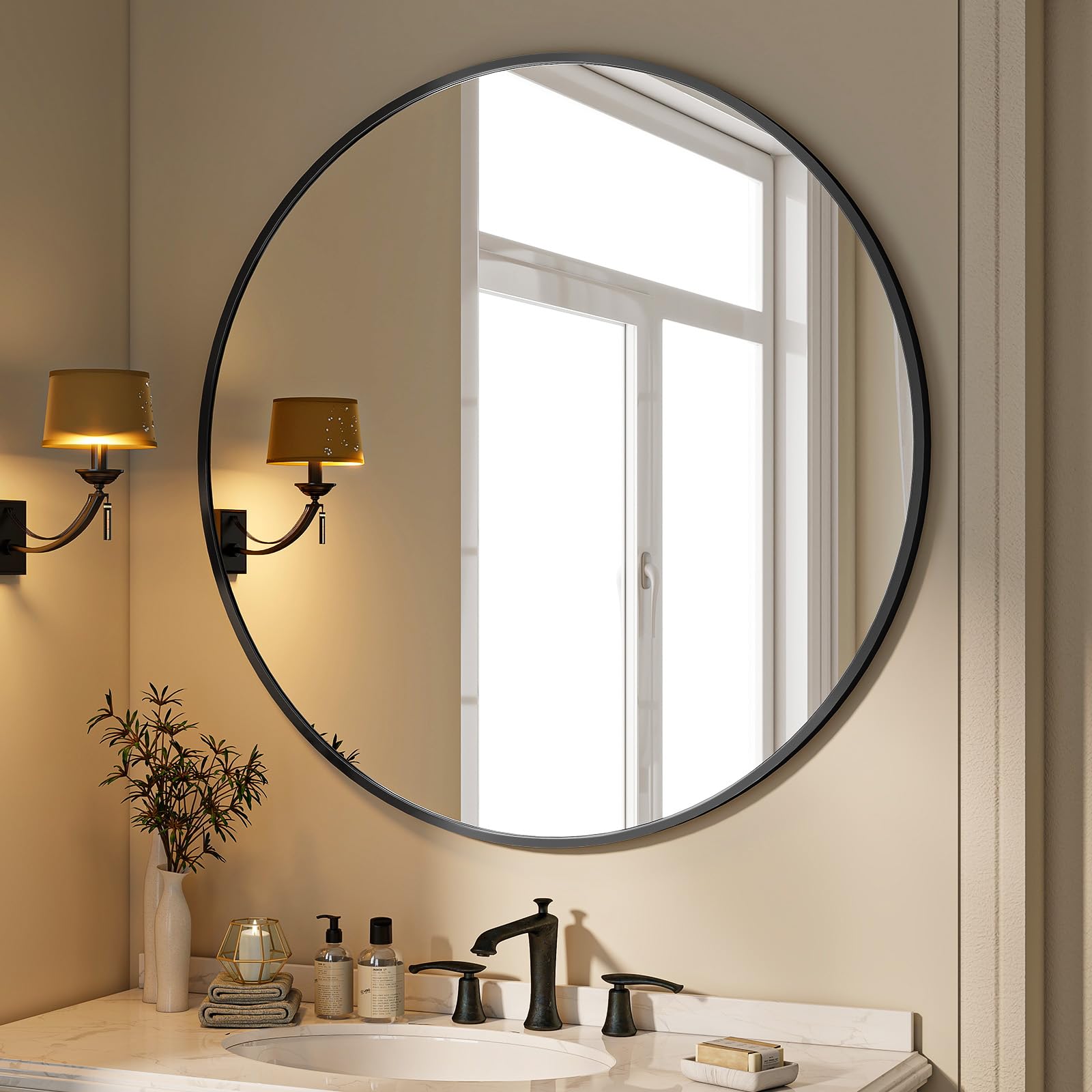 BEAUTYPEAK 24 Inch Round Mirror, Metal Frame Circle Mirror, Wall Mounted for Entryway, Bathroom, Vanity, Living Room, Gold