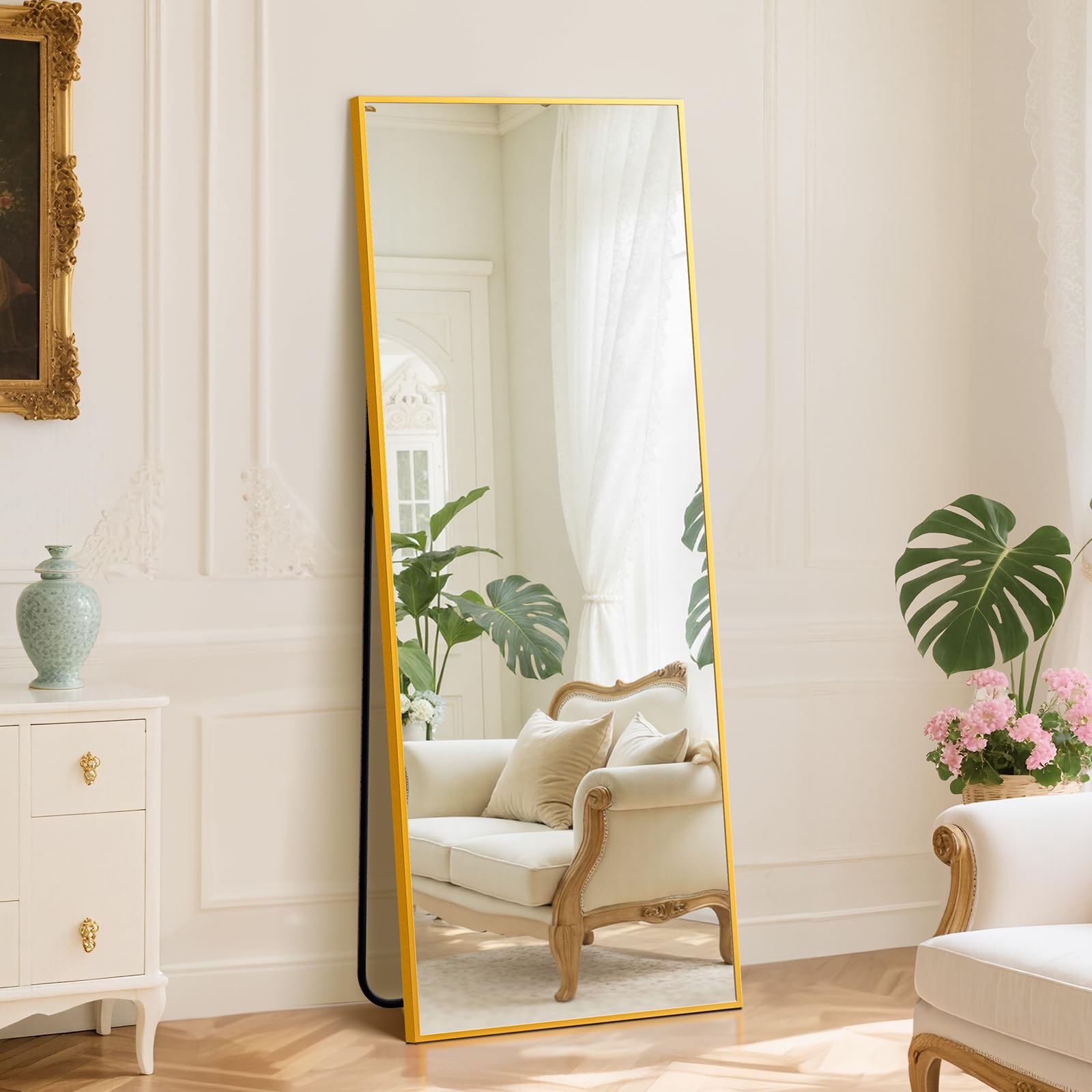 DUMOS 63.6"x20.6" Arched Full Length Mirror with Stand Floor Free Standing Aluminum Frame for Bedroom Body Hanging Leaning Modern Simple Home Decor Shatter-proorf Nano Glass Wall, Gold-Rounded
