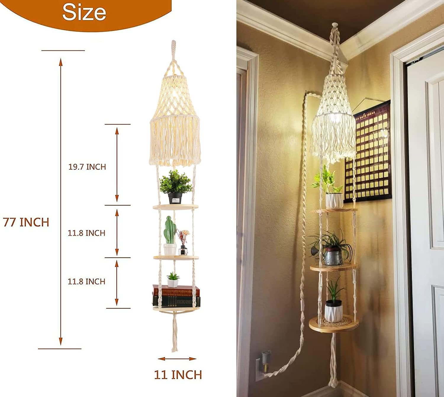 Boho Plug in Pendant Light,Hanging Light with Plug in Cord,Hanging Lamp Macrame Lamp Shade,Dimmable Switch,3 Tier Hanging Plant Shelf Shelves Bohemian Decor for Bedroom Living Room Corner