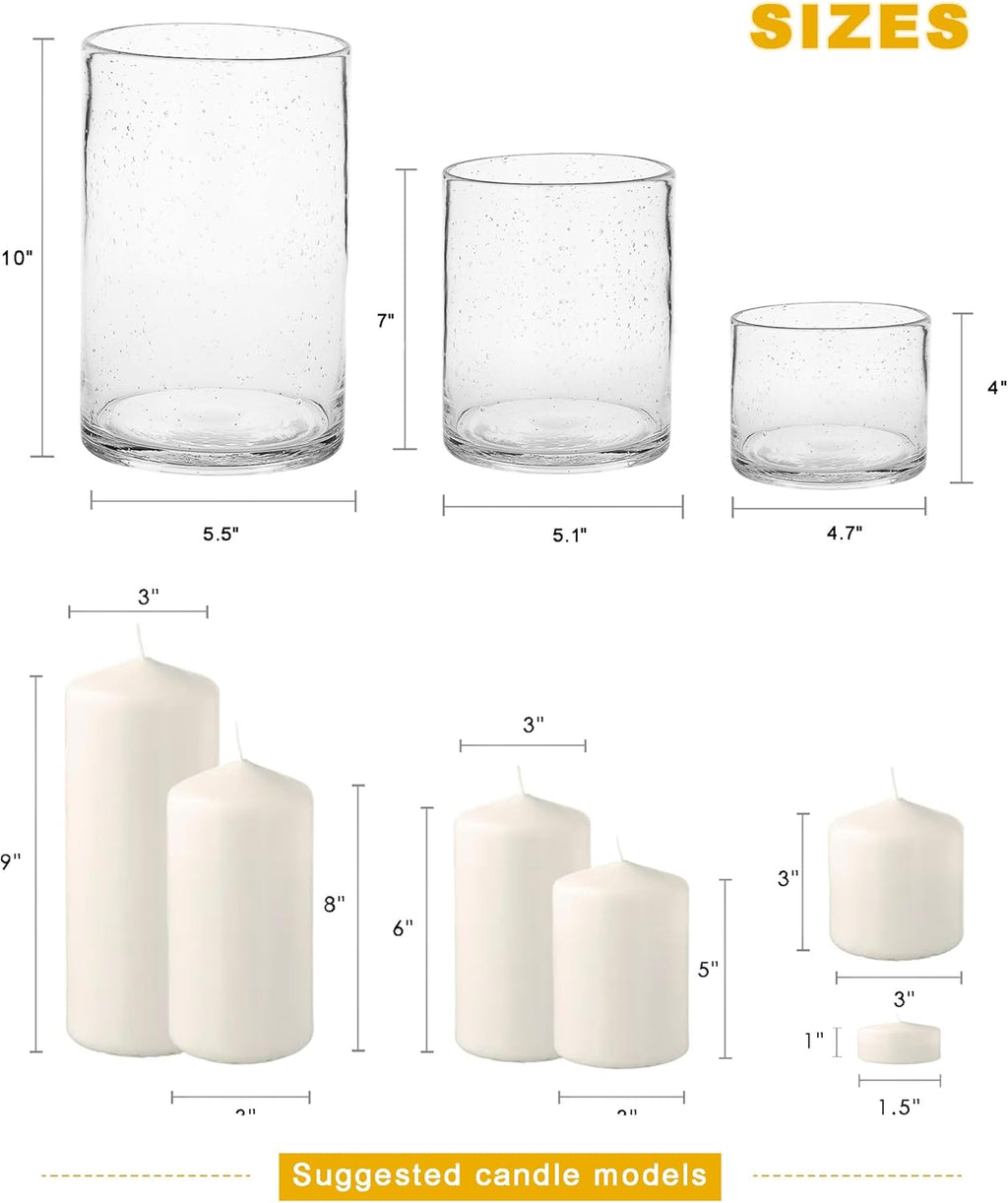 ARIAMOTION Hurricane Candle Holders for Pillar Hand Blown Glass Cylinder Vases Table Centerpiece Bulk Room Decor Clear Seeded Bubbles Living Dining Kitchen Island 10" 7" 4" Set of 3