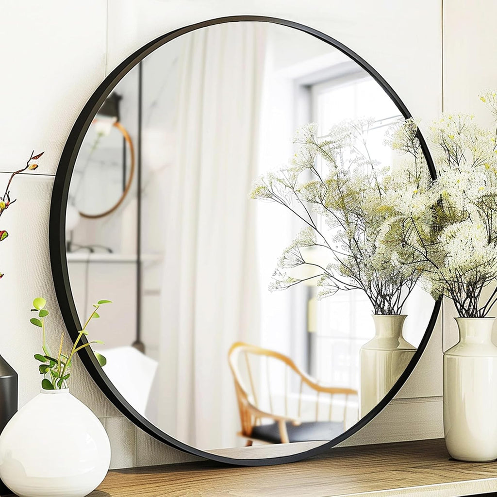Black Round Mirror, Round Mirror 24 inch, Black Circle Mirrors Metal Frame, Wall Mounted Mirrors for Living Room, Bathroom, Wall, Entryway.
