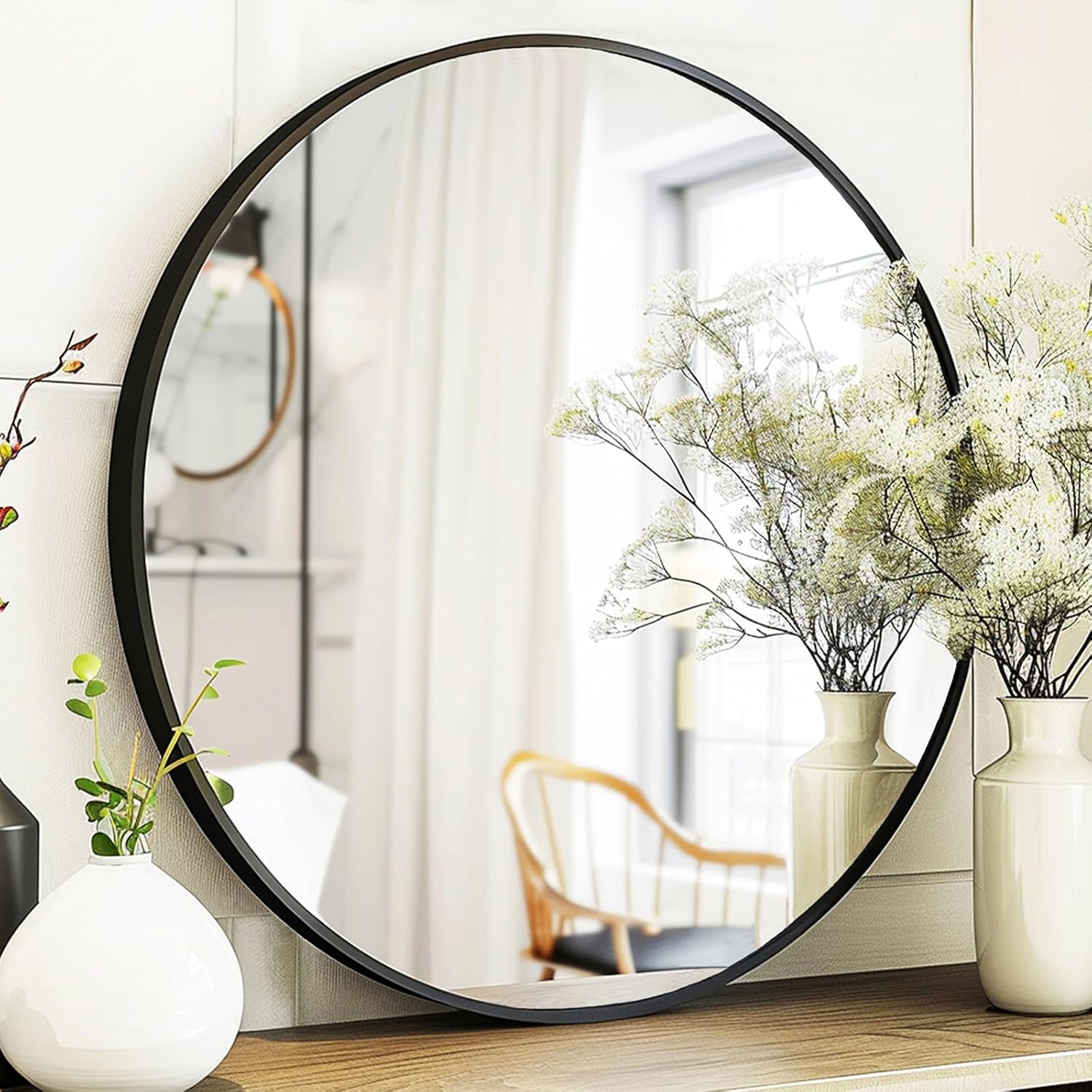 Black Round Mirror, Round Mirror 24 inch, Black Circle Mirrors Metal Frame, Wall Mounted Mirrors for Living Room, Bathroom, Wall, Entryway.