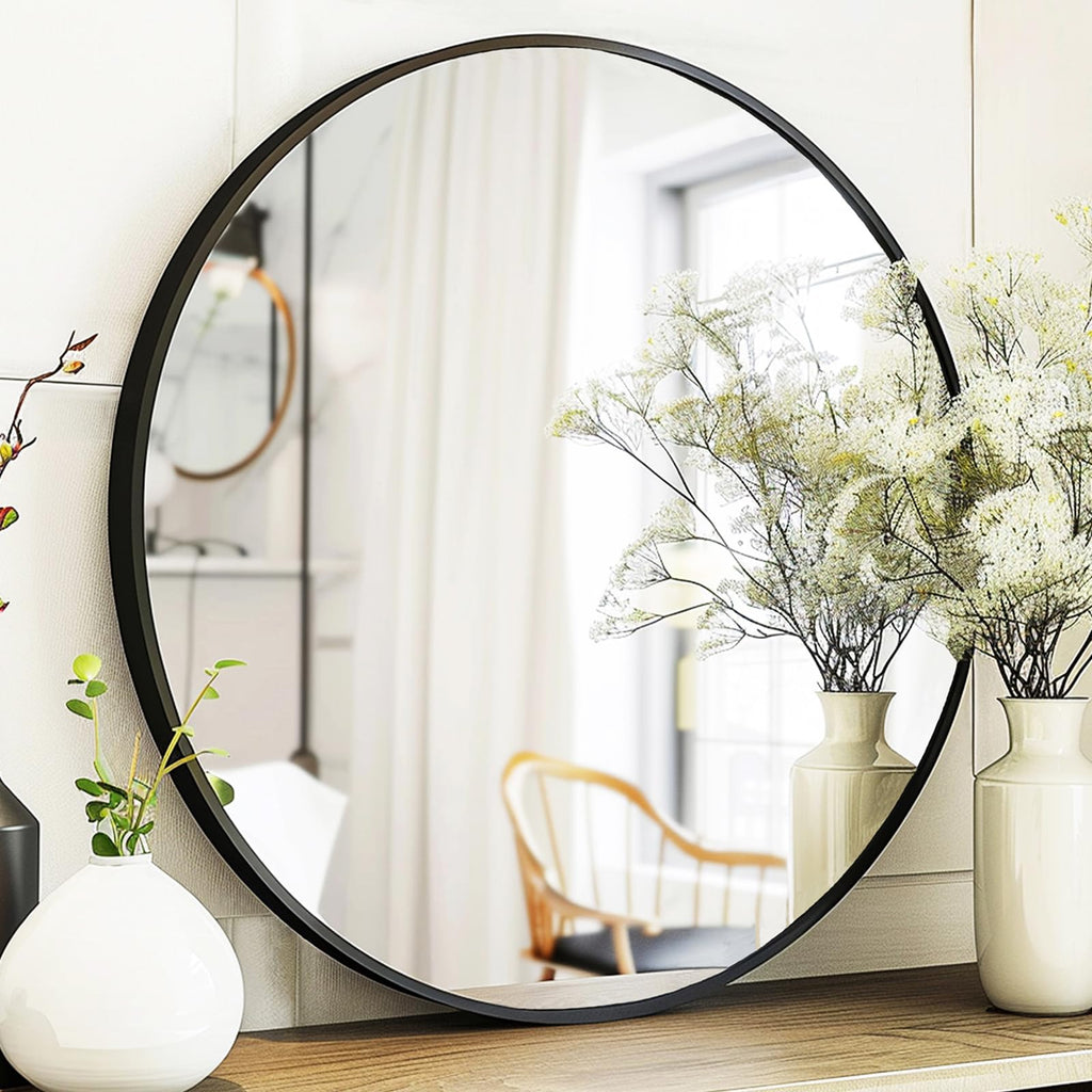 Black Round Mirror, Round Mirror 24 inch, Black Circle Mirrors Metal Frame, Wall Mounted Mirrors for Living Room, Bathroom, Wall, Entryway.