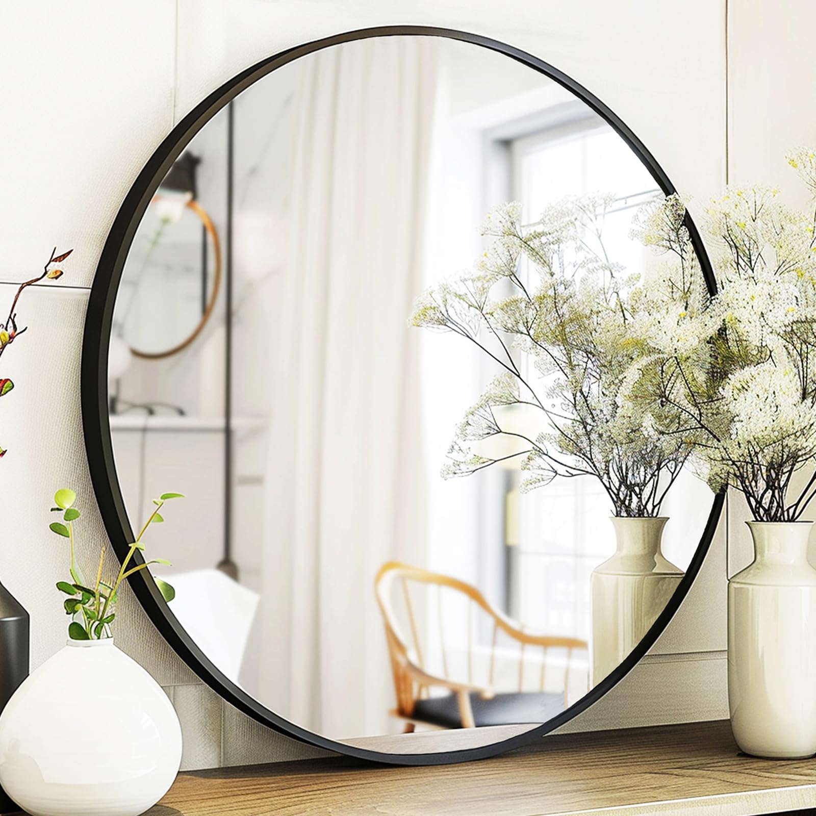 Black Round Mirror, Round Mirror 24 inch, Black Circle Mirrors Metal Frame, Wall Mounted Mirrors for Living Room, Bathroom, Wall, Entryway.