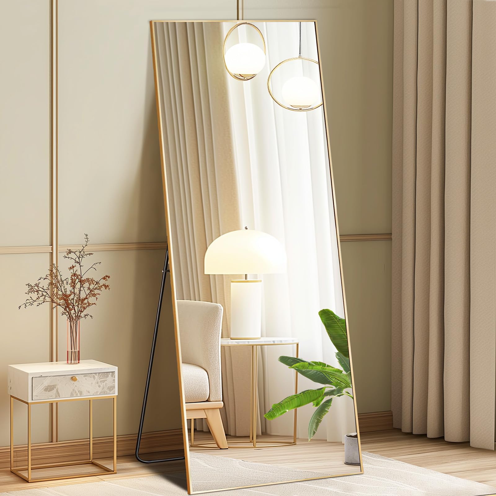 DUMOS 63.6"x20.6" Arched Full Length Mirror with Stand Floor Free Standing Aluminum Frame for Bedroom Body Hanging Leaning Modern Simple Home Decor Shatter-proorf Nano Glass Wall, Gold-Rounded