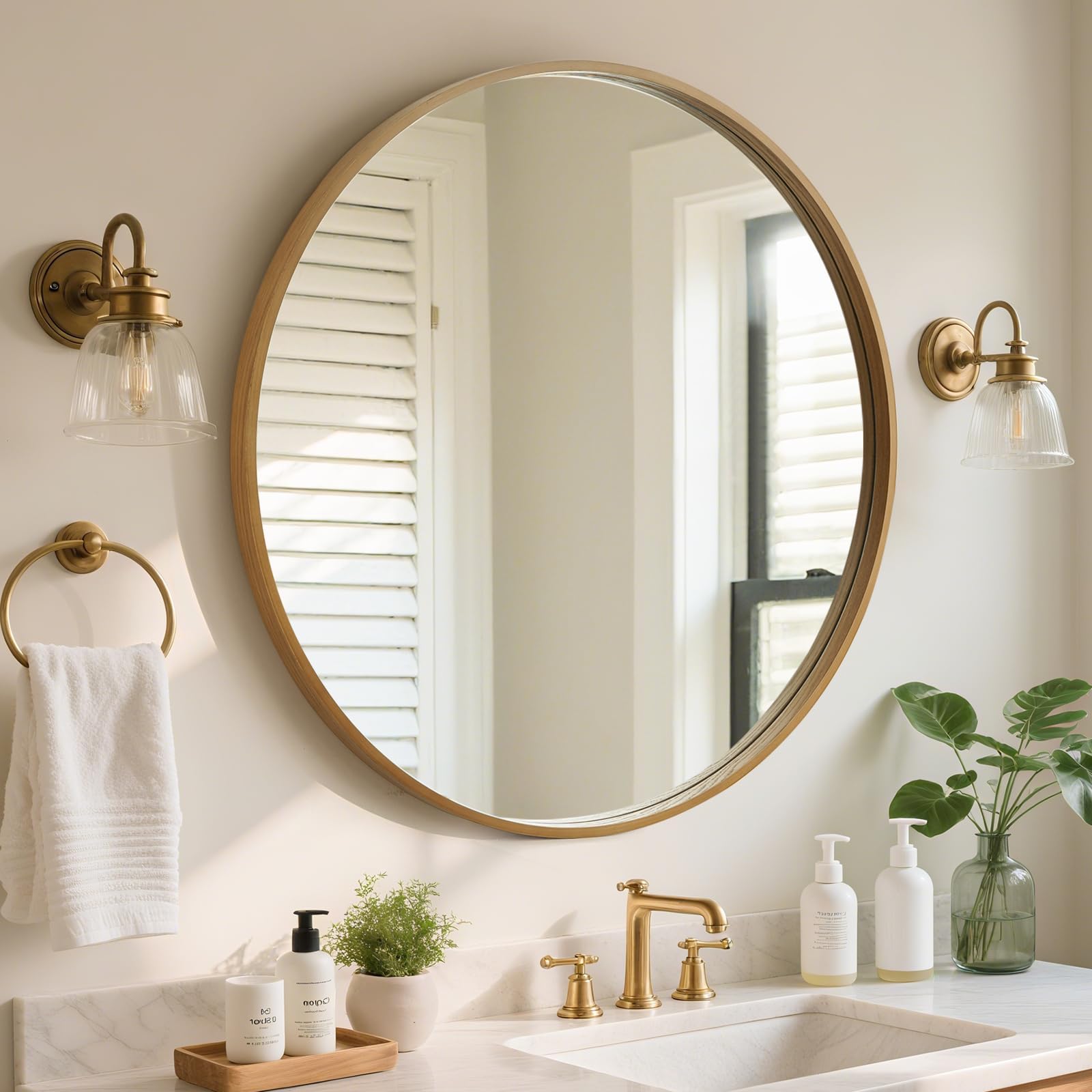 WallBeyond Wood Round Mirror with Wood Frame 24 inch Circle Wall Mirror for Bathroom Round Wall Mirror for Wall Decor, Vanity, Entryway Living Room (Walnut)