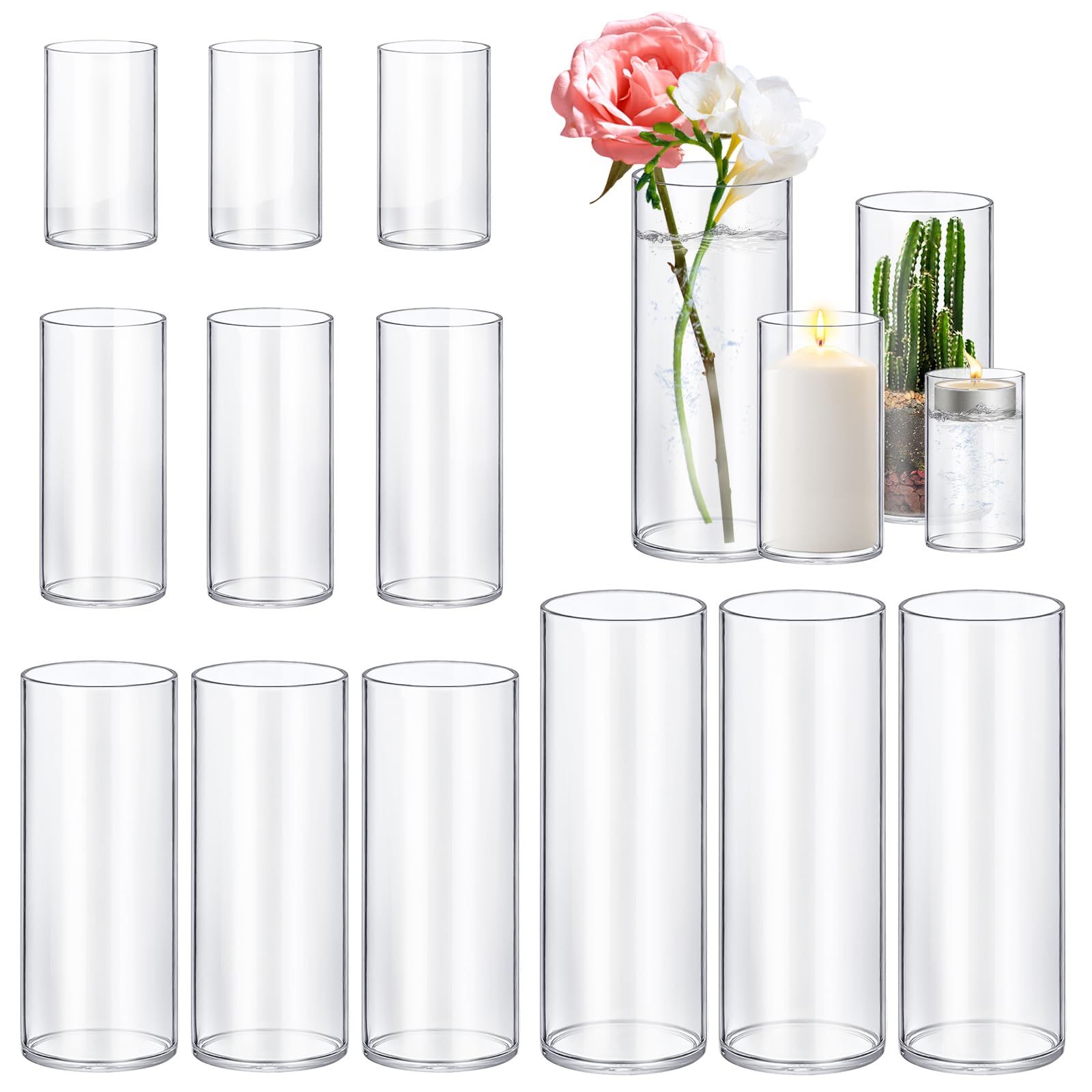 16 Pack Glass Cylinder Vases 4,6,8,10 Inch Tall Clear Flower Vase Hurricane Floating Candle Holder for Table Centerpiece Wedding Home Decor