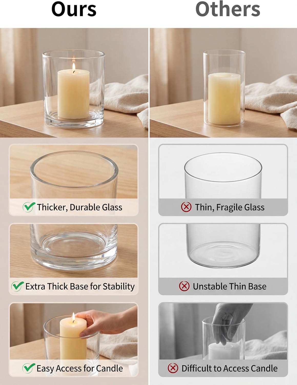 NUPTIO Hurricane Glass Candle Holders: Set of 3 Thick Glass Large Pillar Candle Holder - Clear Vases for Wedding Table Centerpieces Decor