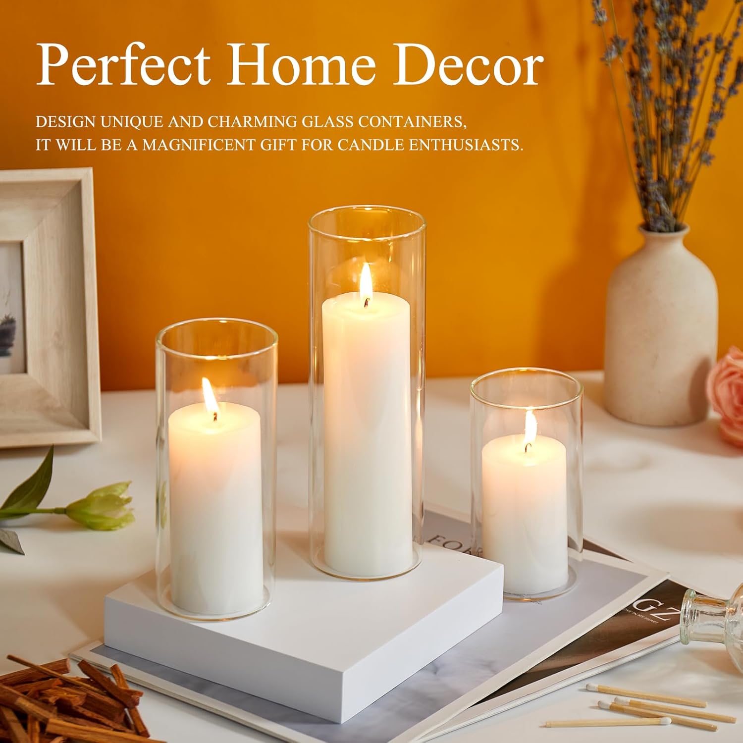 Set of 6 White Pillar Candles with Clear Glass Hurricane Holders- Elegant Cylinder Candle Vases for Weddings, Parties, Centerpieces, Home & Office Decor (White, 6 Set)