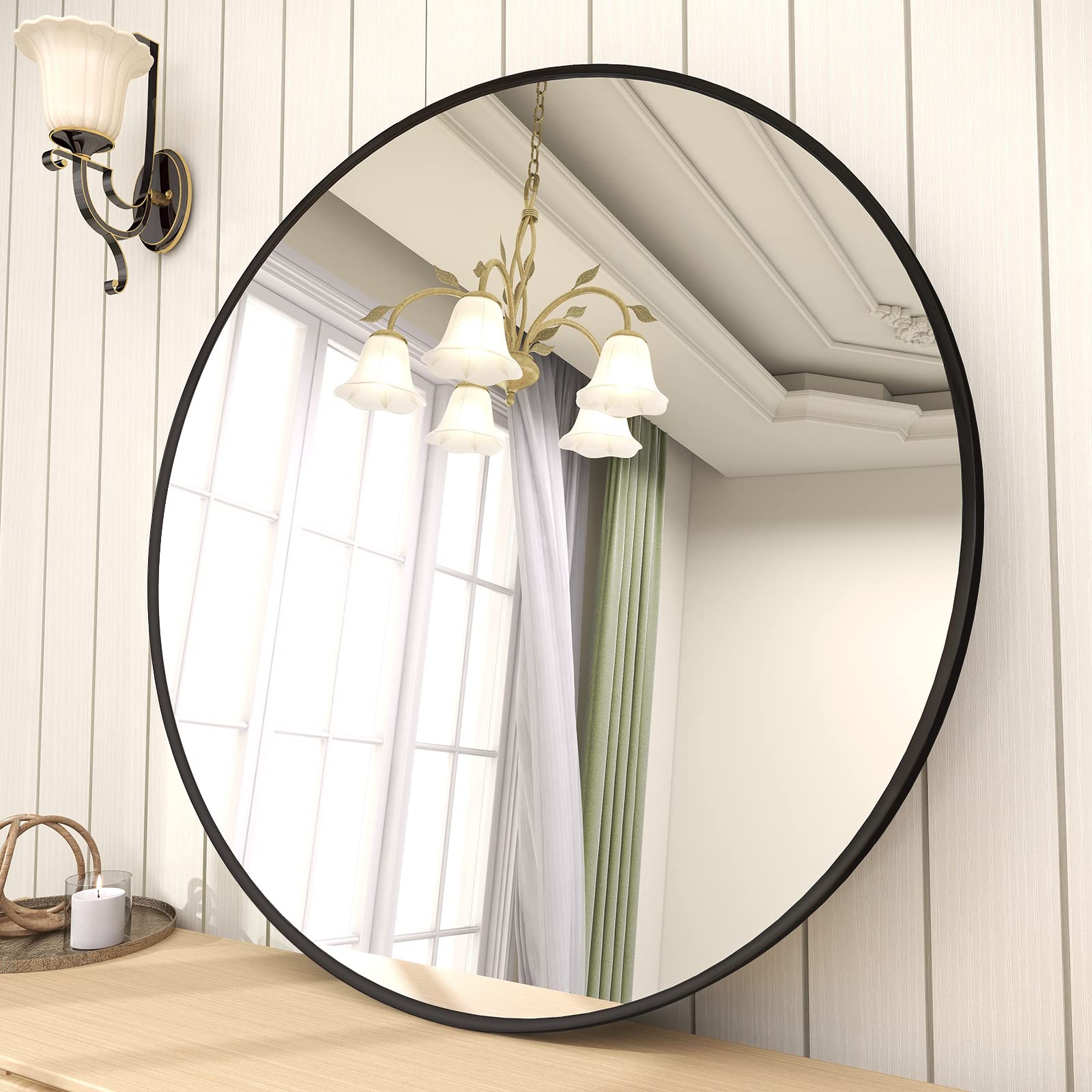 BEAUTYPEAK 24 Inch Round Mirror, Metal Frame Circle Mirror, Wall Mounted for Entryway, Bathroom, Vanity, Living Room, Gold