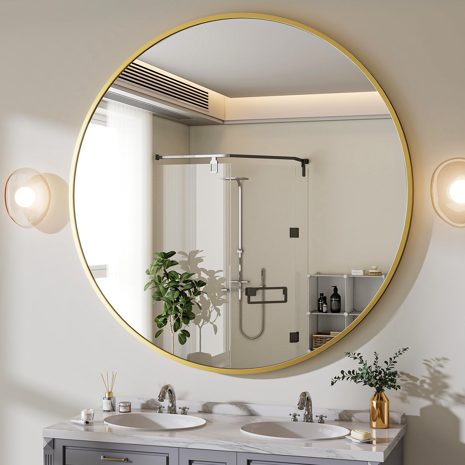 BEAUTYPEAK 24 Inch Round Mirror, Metal Frame Circle Mirror, Wall Mounted for Entryway, Bathroom, Vanity, Living Room, Gold