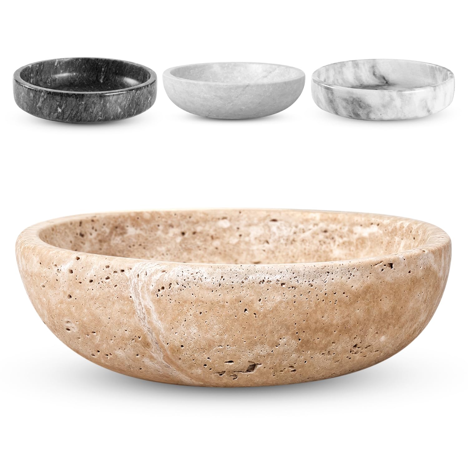 Travertine Decorative Bowl - 7.8” Diameter & 2” Height - Key Bowl for Entryway Table - Travertine - Organic Modern Centerpiece - Beige/Natural